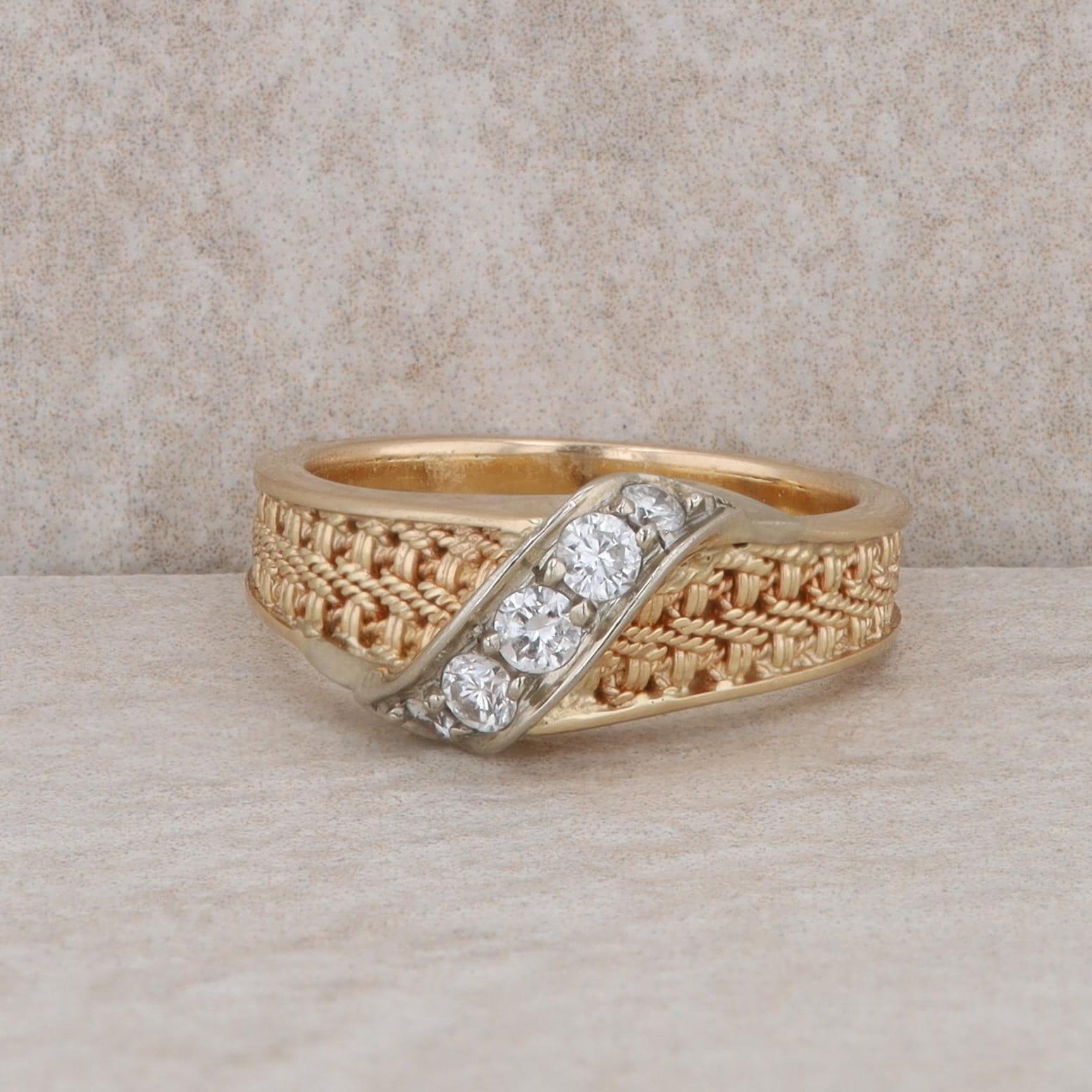 14k Yellow Gold Textured Twist and Diamond Ring