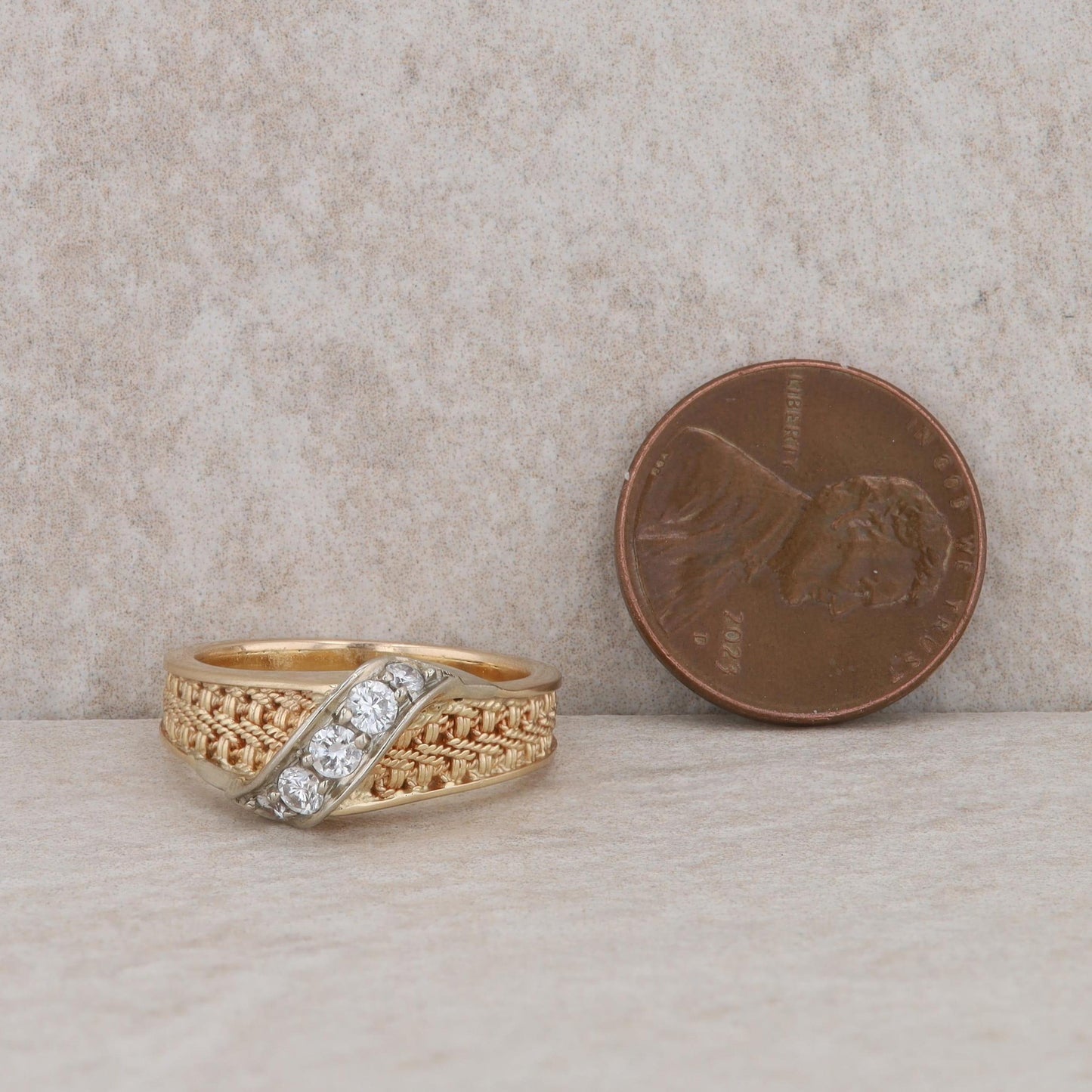 14k Yellow Gold Textured Twist and Diamond Ring