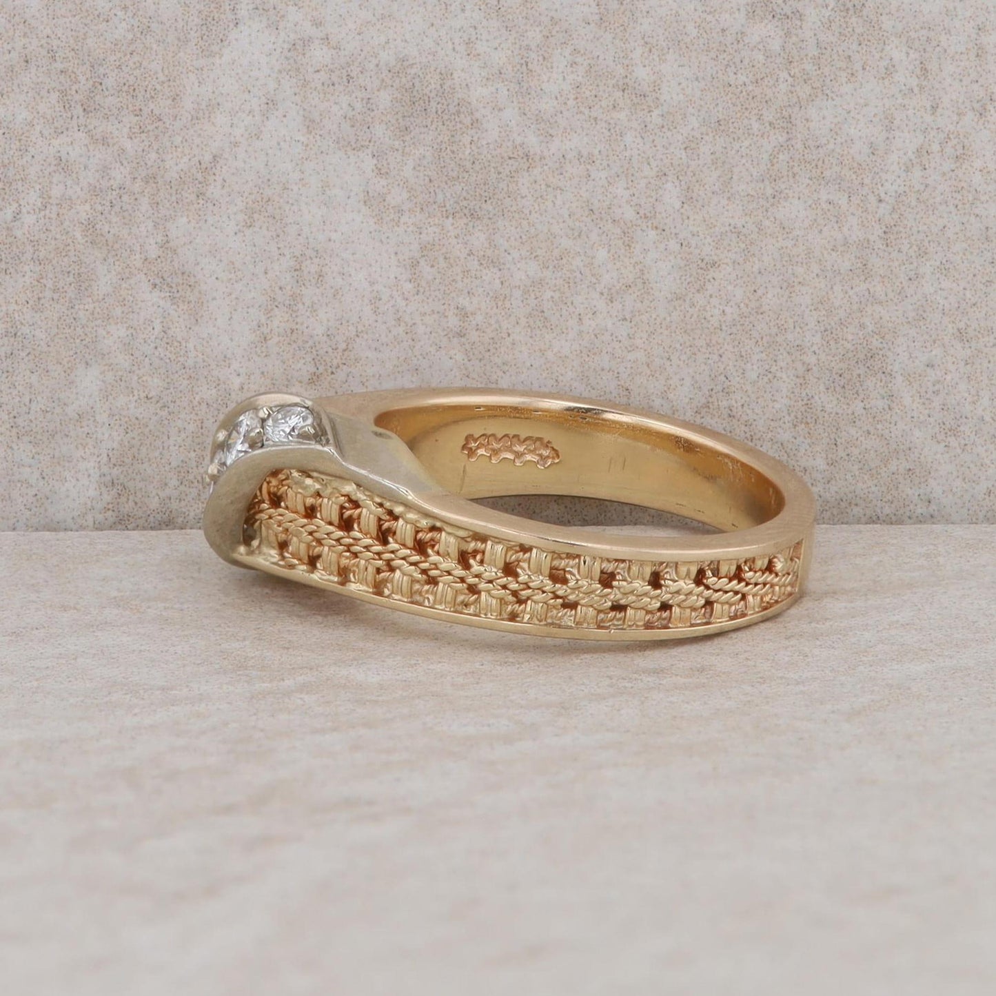 14k Yellow Gold Textured Twist and Diamond Ring