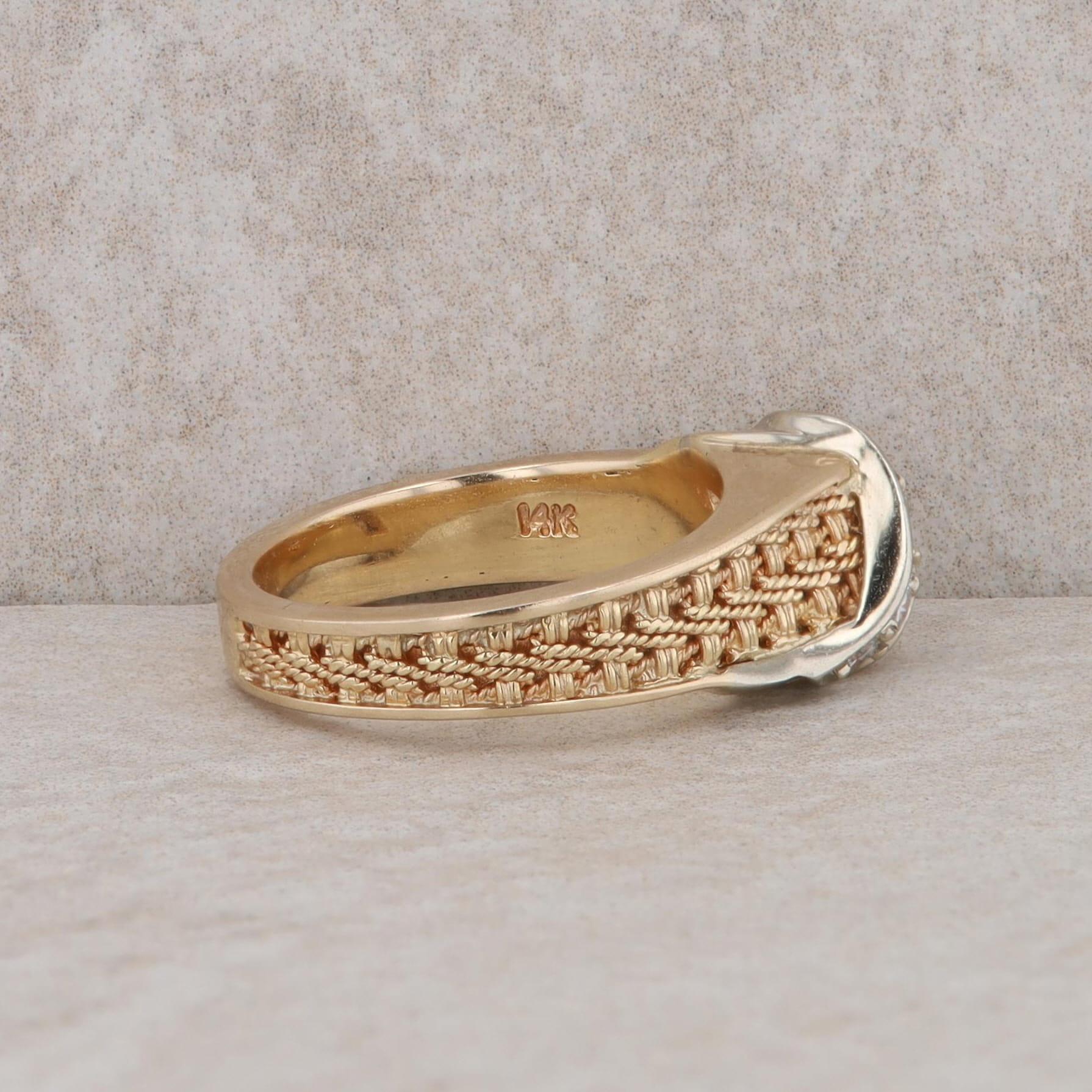 14k Yellow Gold Textured Twist and Diamond Ring