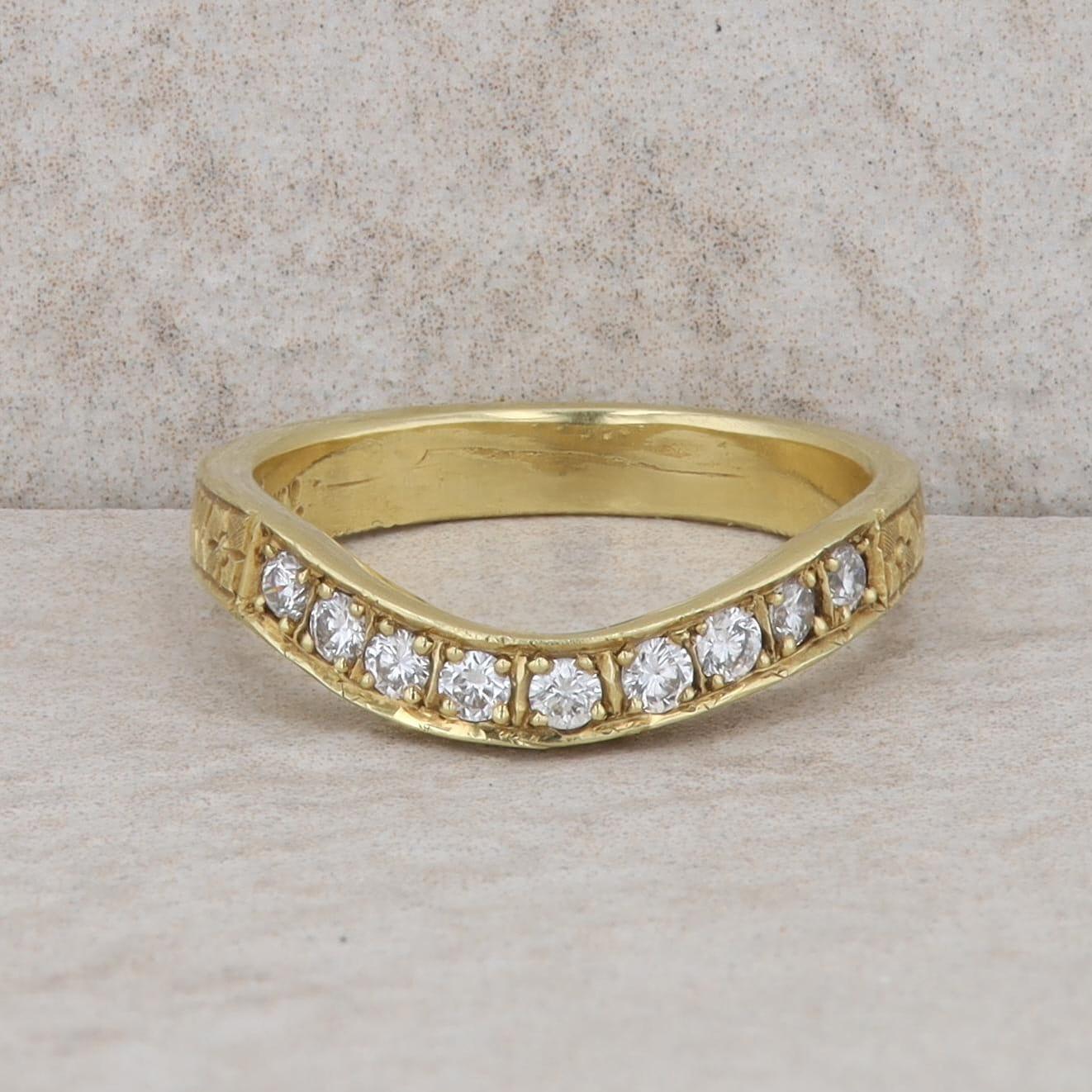 18k Yellow Gold Curved Diamond Hand Engraved Wedding Band