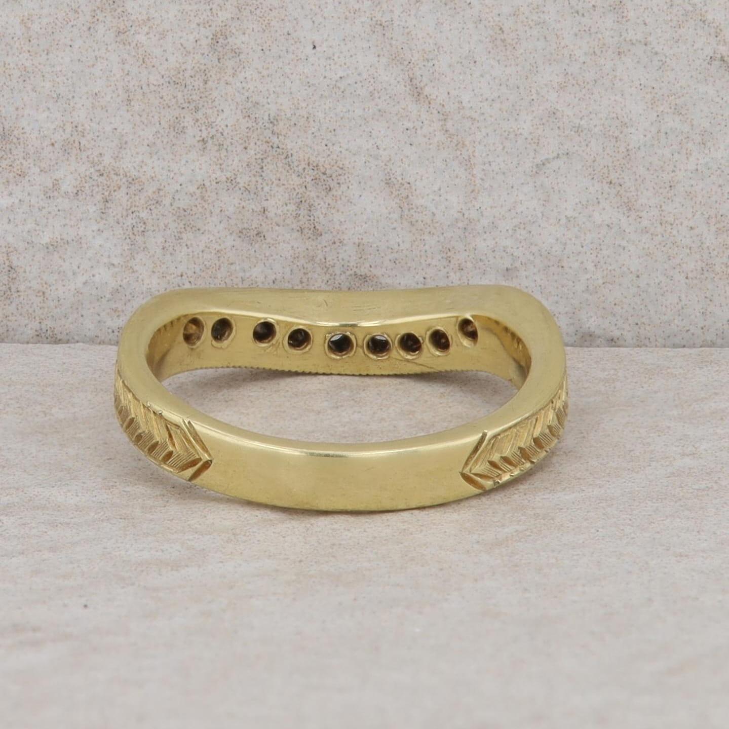 18k Yellow Gold Curved Diamond Hand Engraved Wedding Band