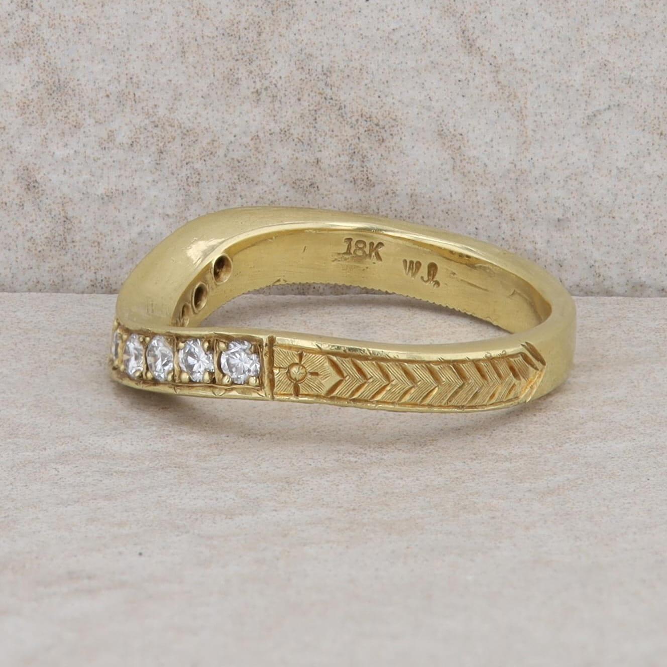 18k Yellow Gold Curved Diamond Hand Engraved Wedding Band