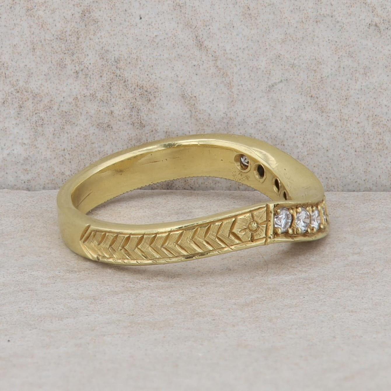 18k Yellow Gold Curved Diamond Hand Engraved Wedding Band