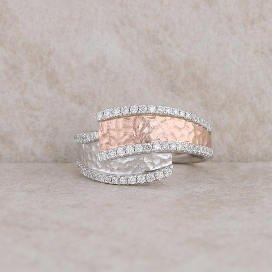 14k White and Rose Gold Hammered Diamond Bypass Ring