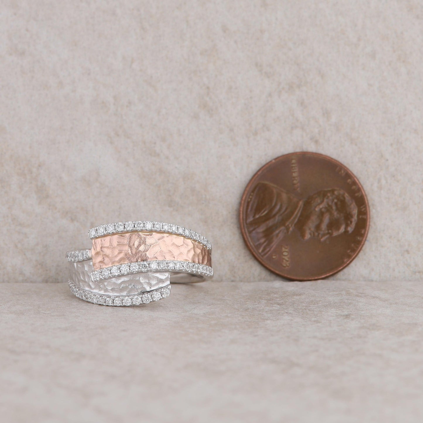 14k White and Rose Gold Hammered Diamond Bypass Ring