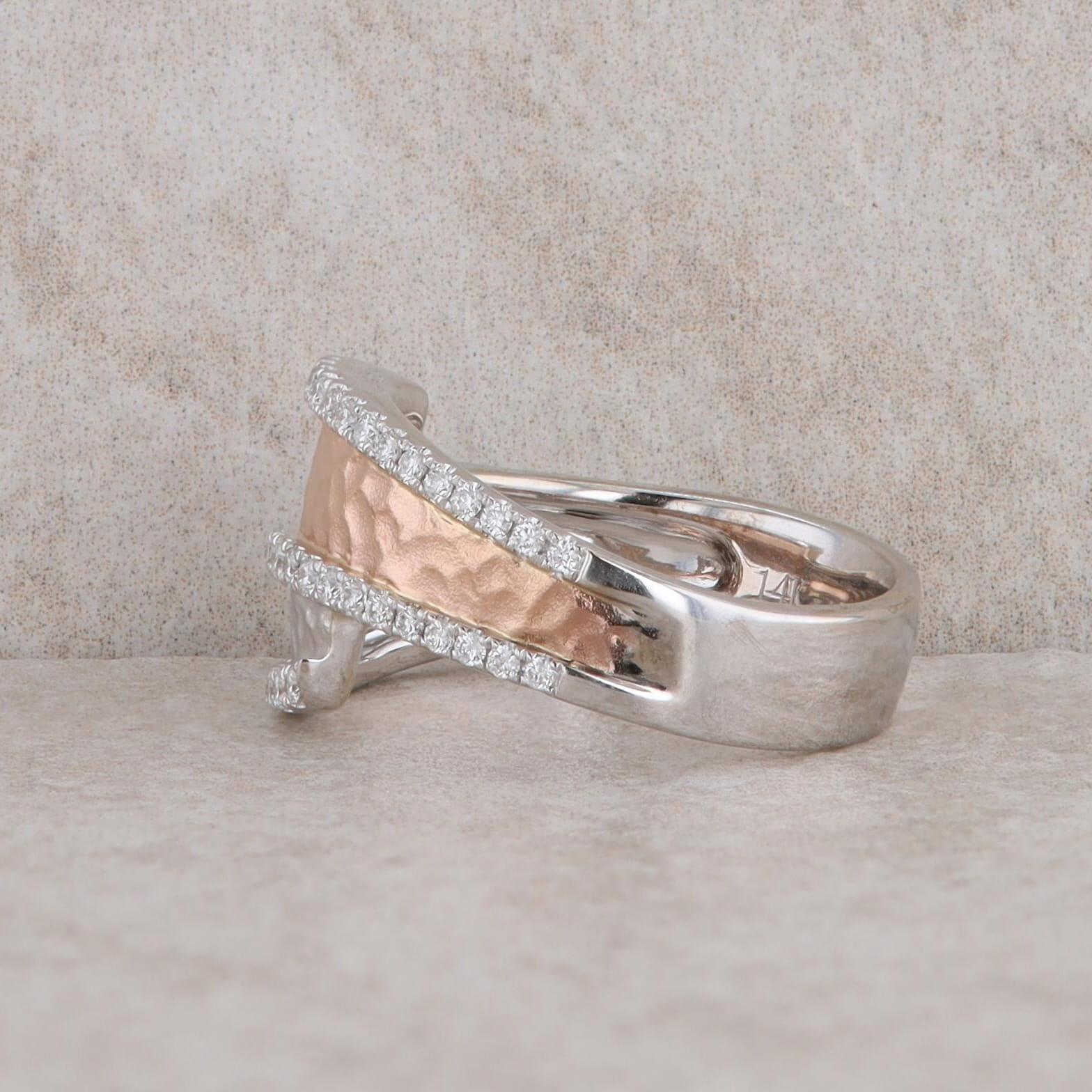 14k White and Rose Gold Hammered Diamond Bypass Ring