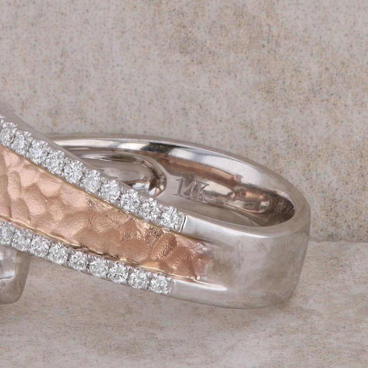 14k White and Rose Gold Hammered Diamond Bypass Ring