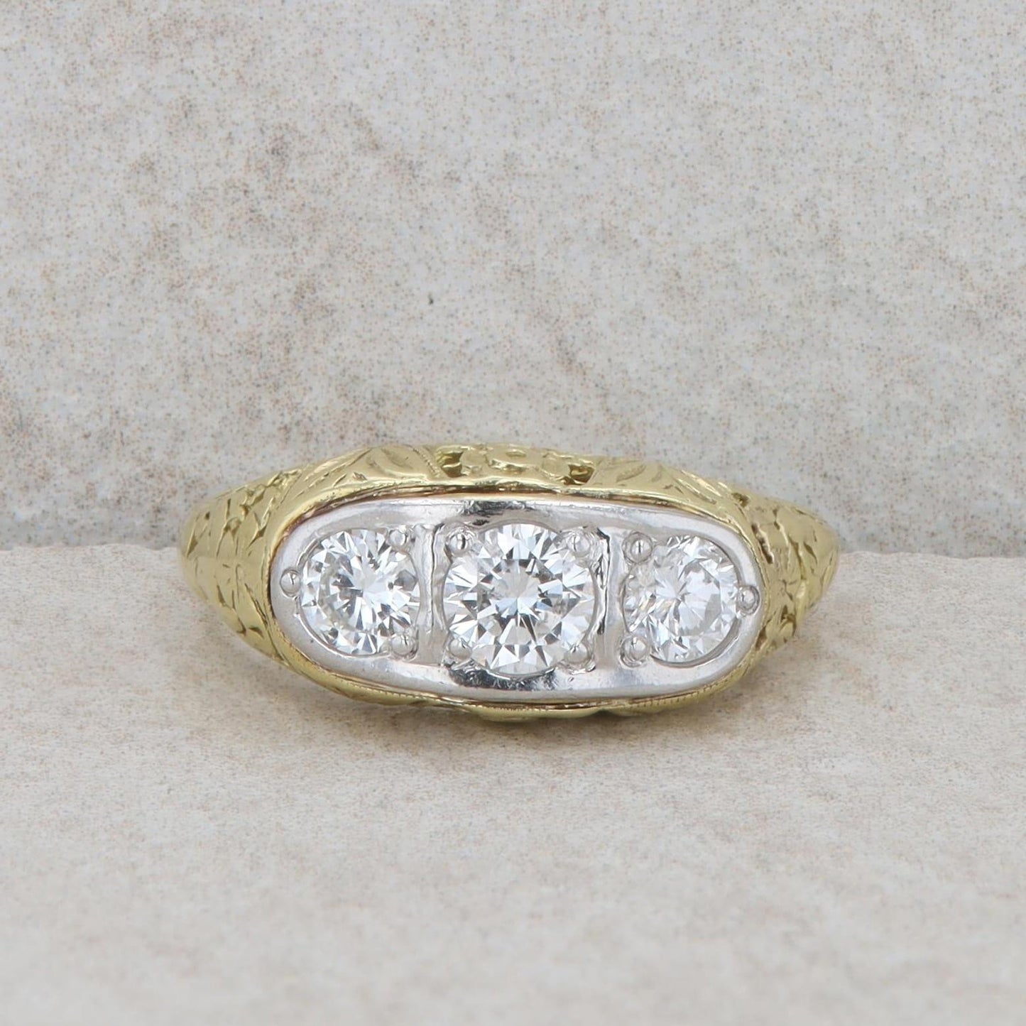 Platinum and 18k Yellow Gold Three Diamond Ring