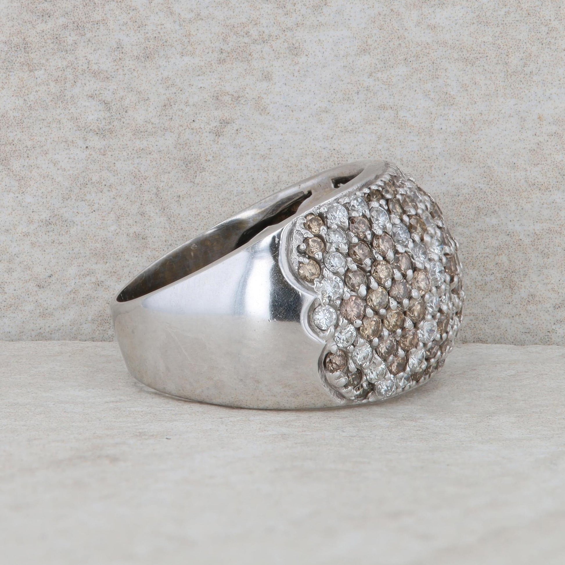 18k White Gold White and Brown Diamond Domed Ring