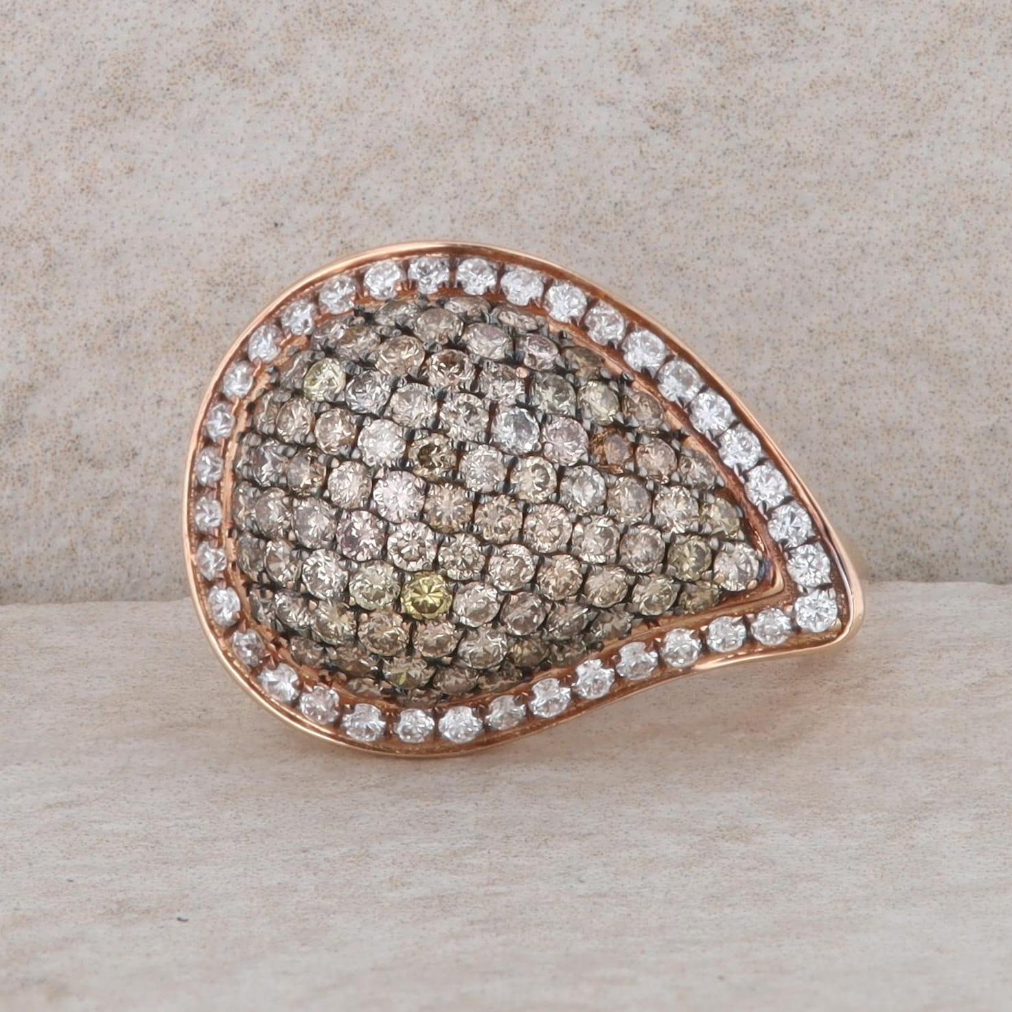 14k Rose Gold Top Light Brown and White Diamond Cluster Teardrop Ring