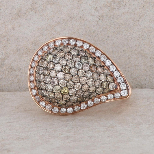 14k Rose Gold Top Light Brown and White Diamond Cluster Teardrop Ring