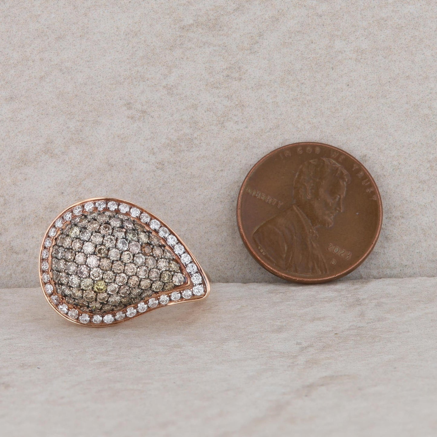 14k Rose Gold Top Light Brown and White Diamond Cluster Teardrop Ring