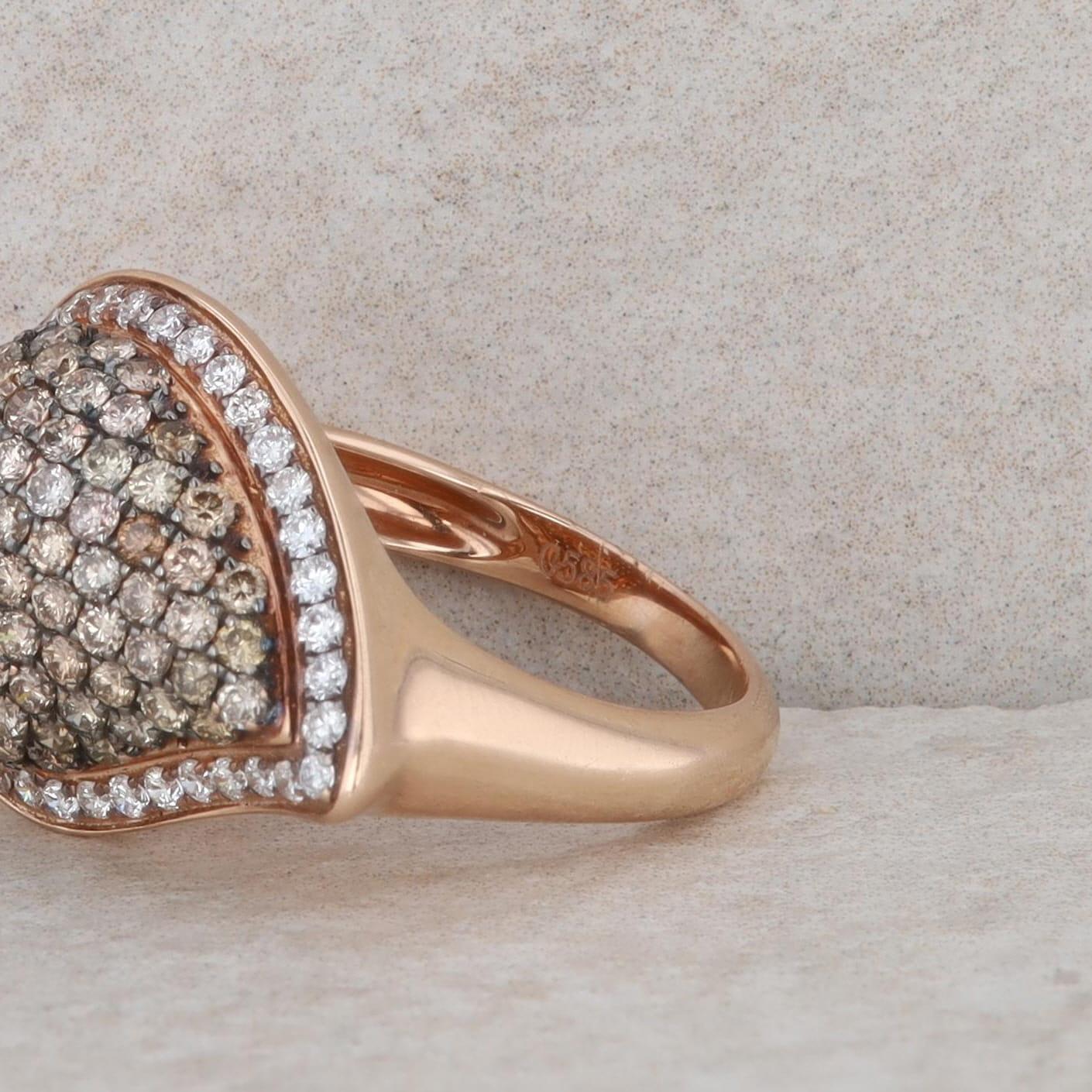 14k Rose Gold Top Light Brown and White Diamond Cluster Teardrop Ring