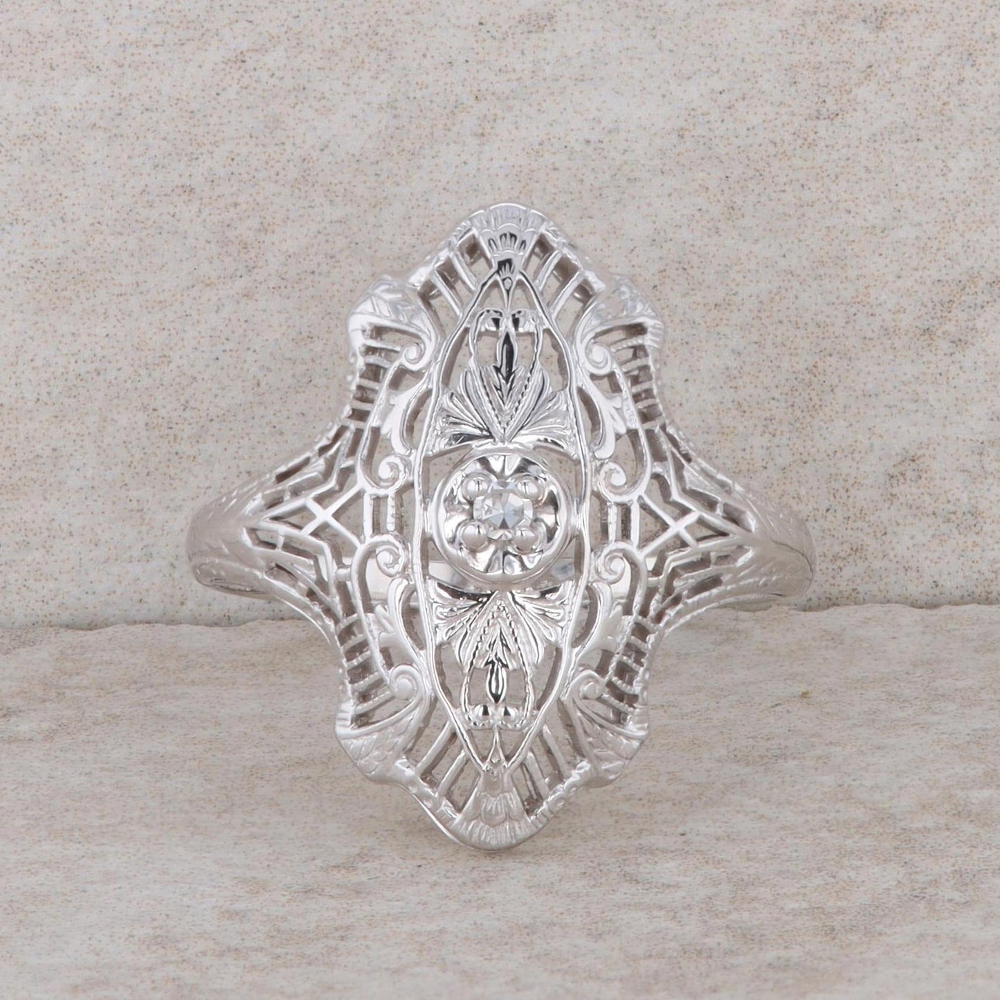 14k White Gold Diamond Vintage Filigree Ring