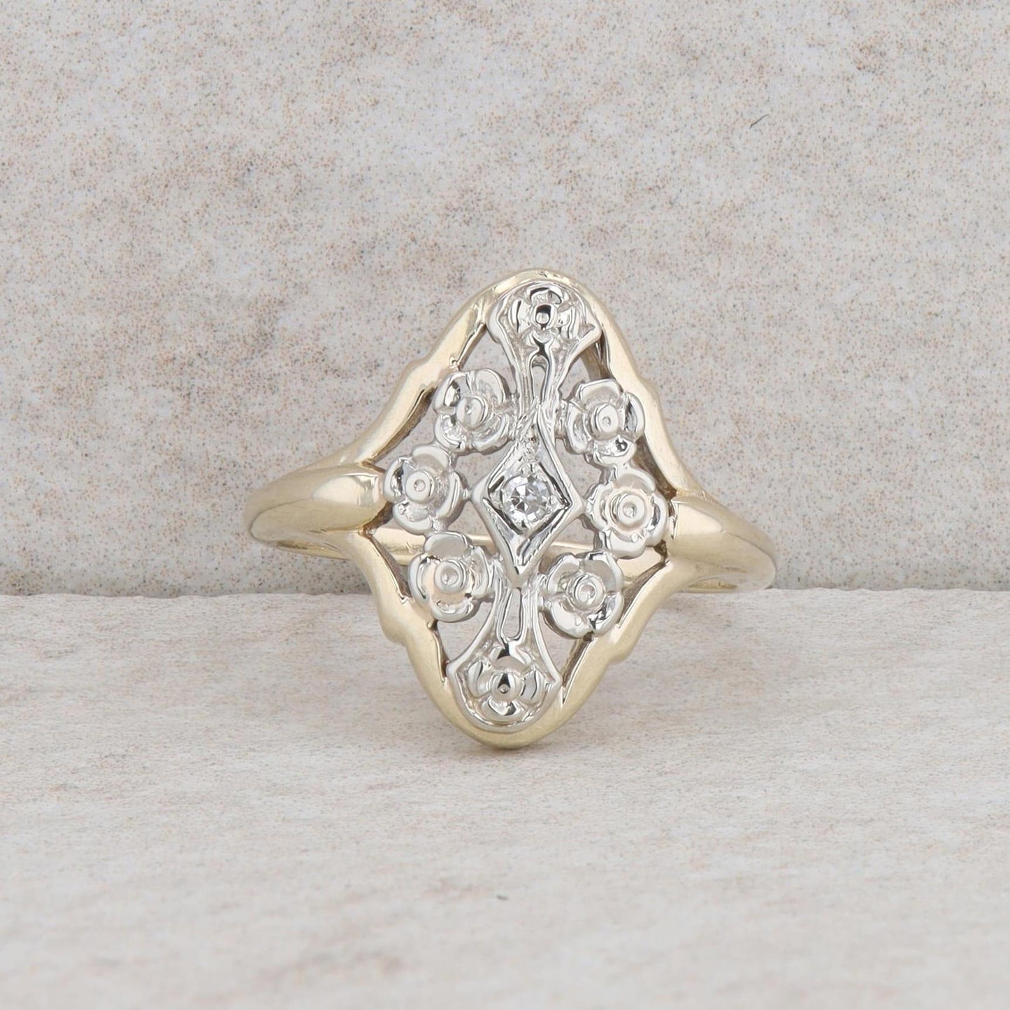 14k Yellow Gold and White Gold Filigree Diamond Ring