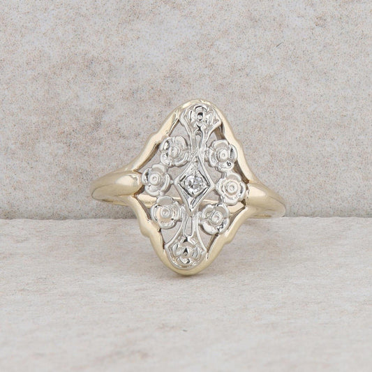 14k Yellow Gold and White Gold Filigree Diamond Ring