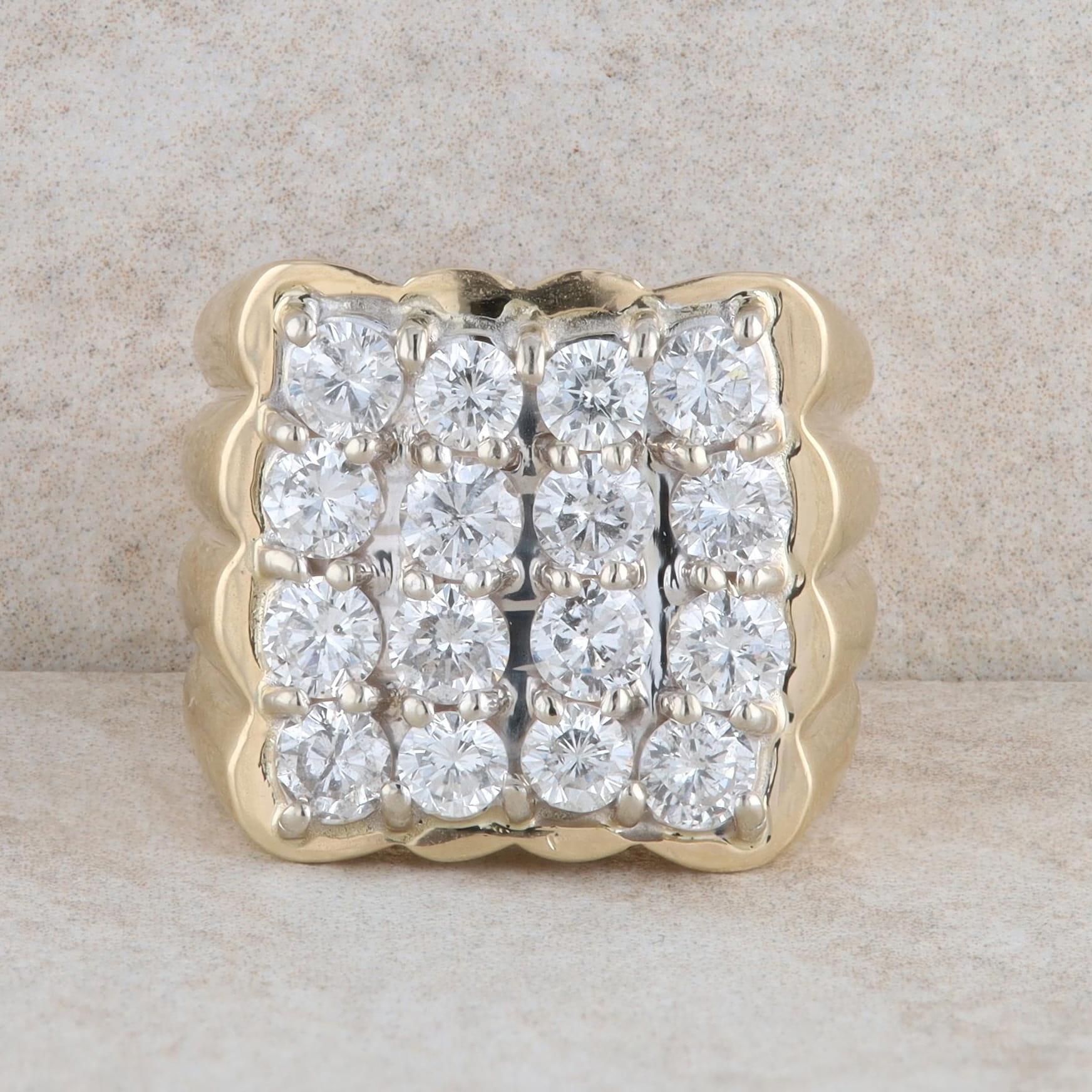 14k Yellow Gold Men's Diamond Cluster Square Ring