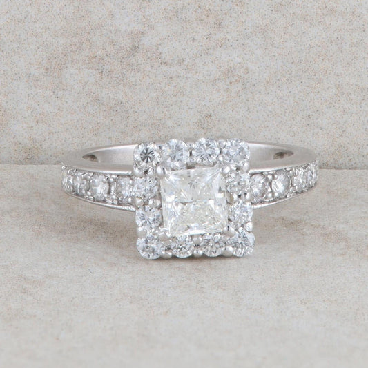 14k White Gold Princess Cut Diamond Halo Engagement Ring