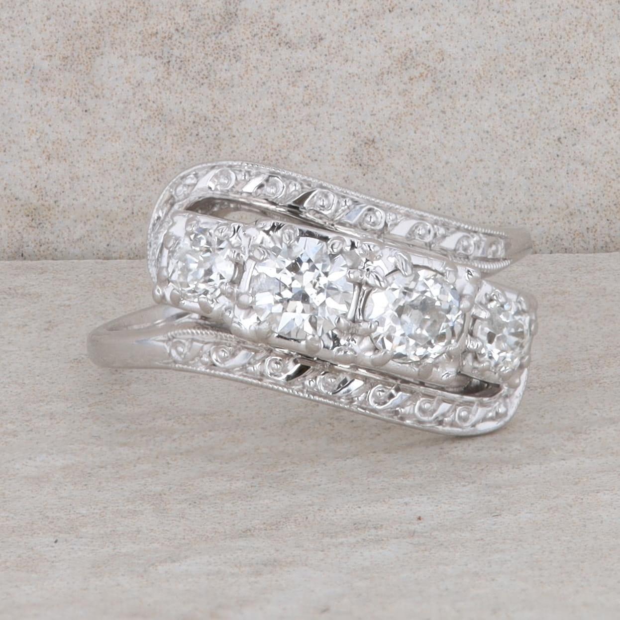 18k White Gold European Diamond Vintage Style Bypass Ring