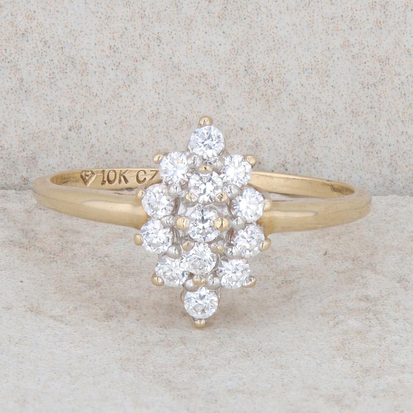 10k Yellow Gold 3/8 Carat Diamond Marquise Shaped Cluster Ring