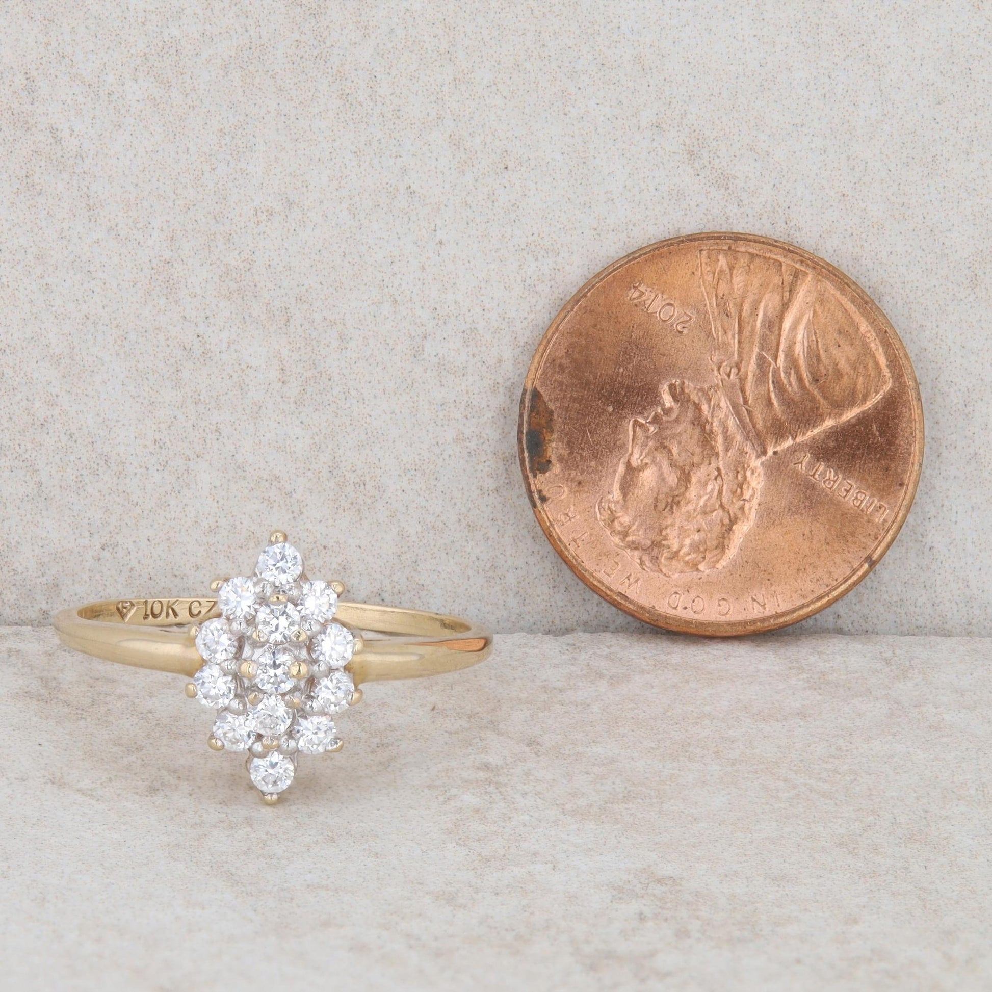 10k Yellow Gold 3/8 Carat Diamond Marquise Shaped Cluster Ring