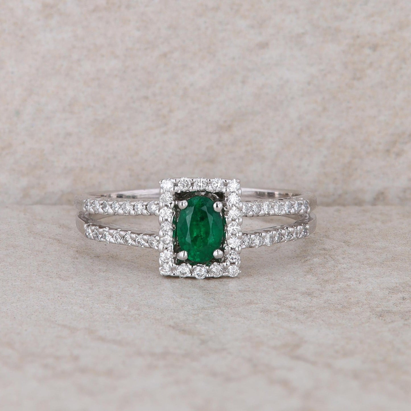 14k White Gold Emerald and Halo Diamond Ring