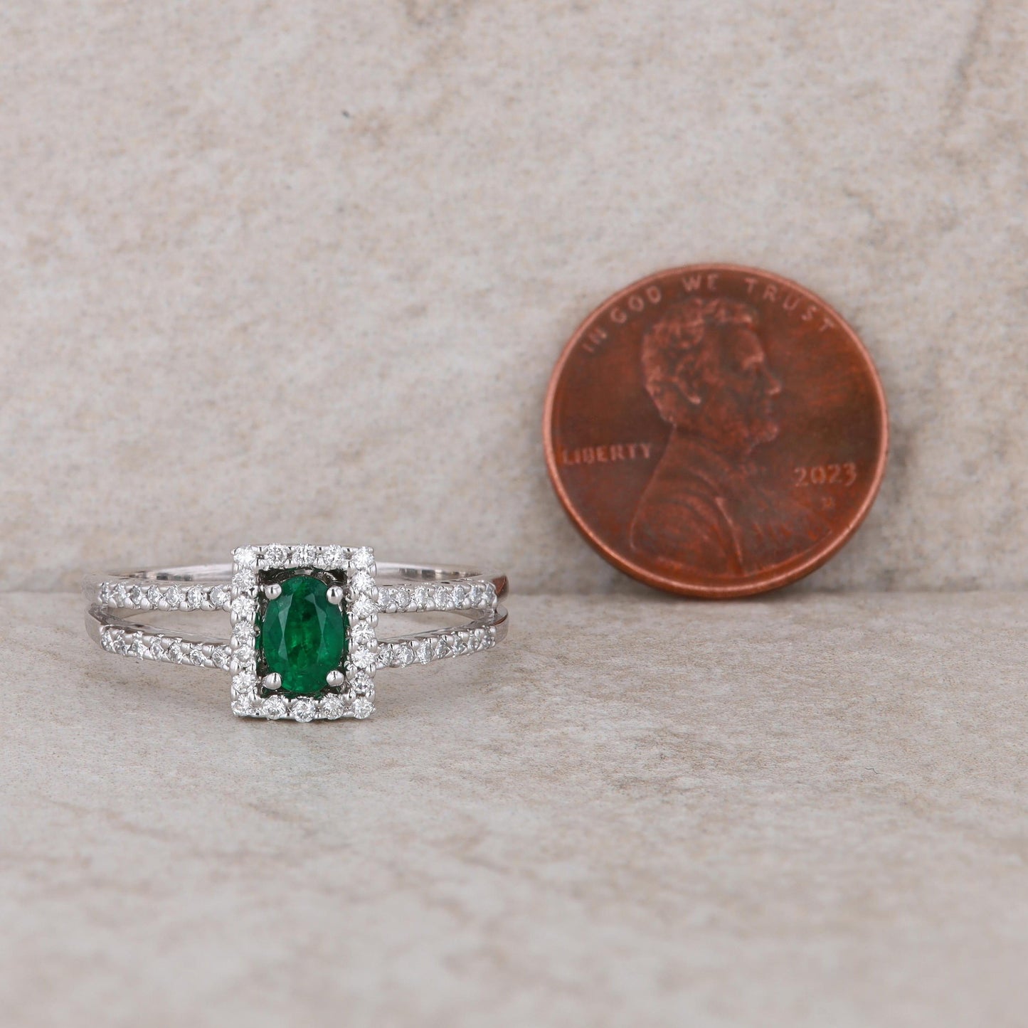 14k White Gold Emerald and Halo Diamond Ring