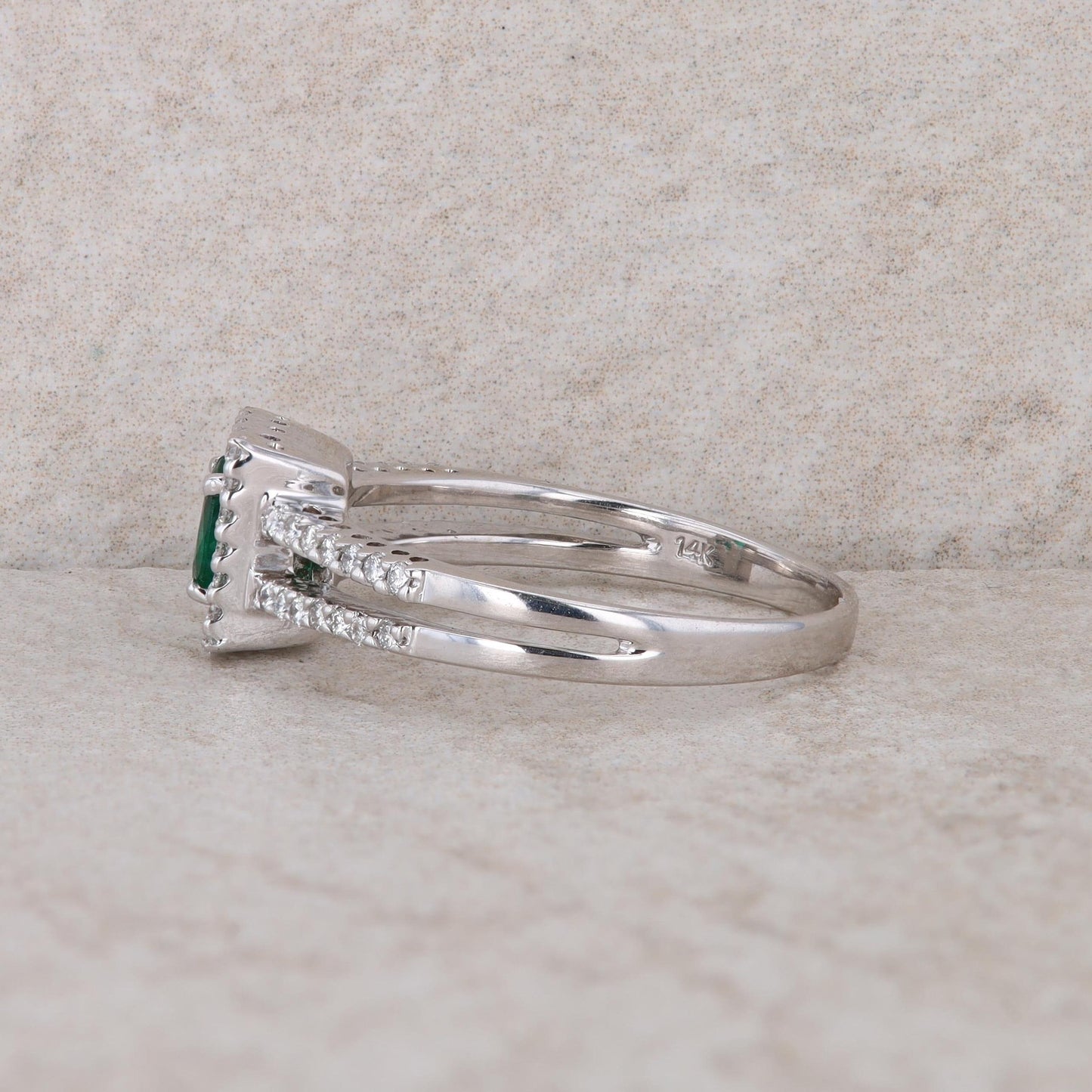 14k White Gold Emerald and Halo Diamond Ring