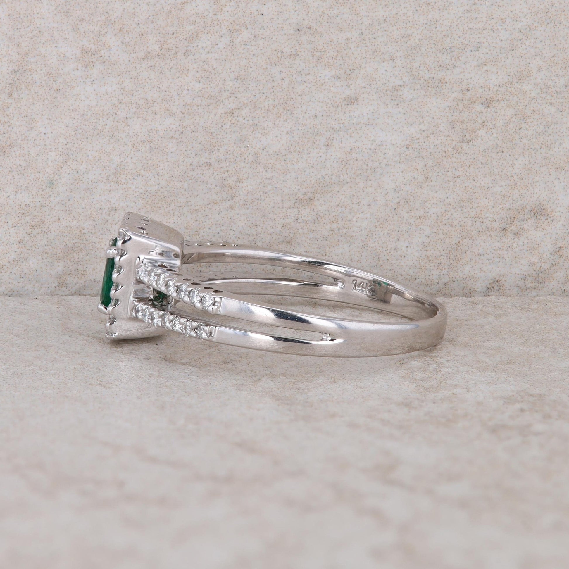 14k White Gold Emerald and Halo Diamond Ring