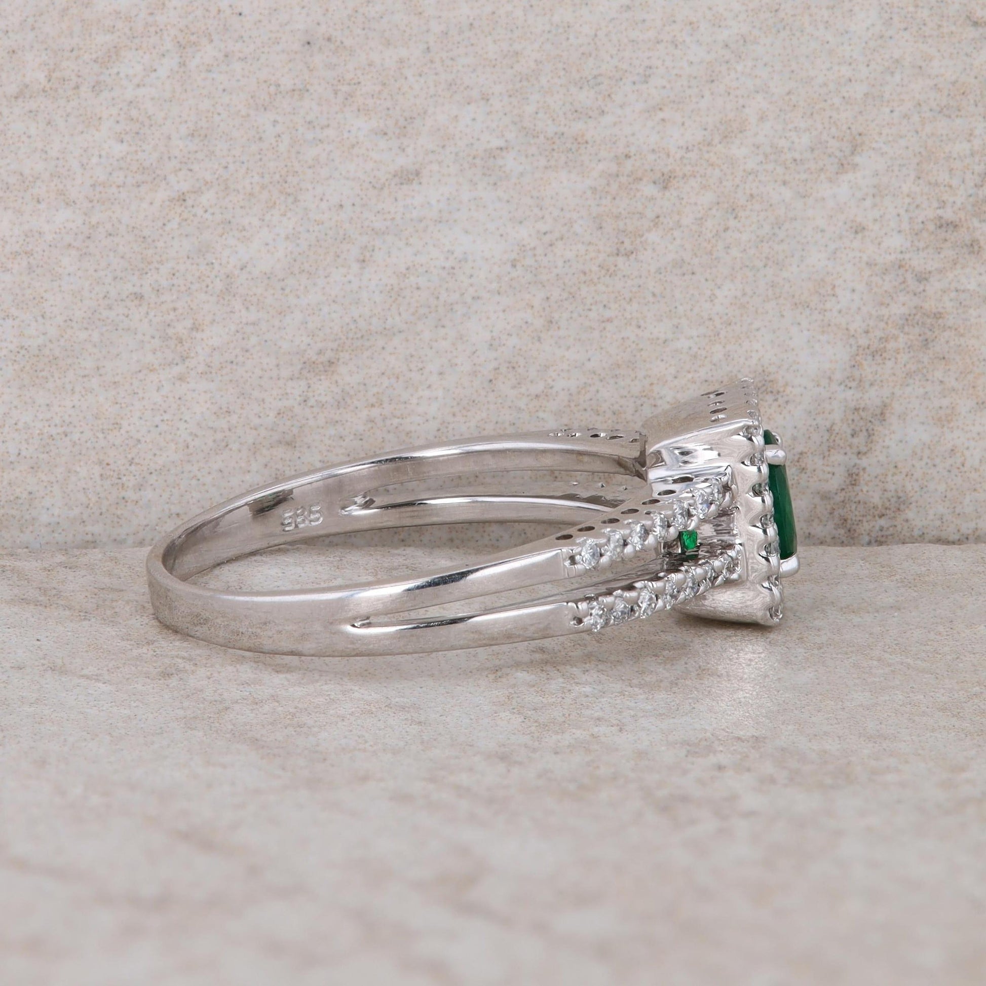 14k White Gold Emerald and Halo Diamond Ring