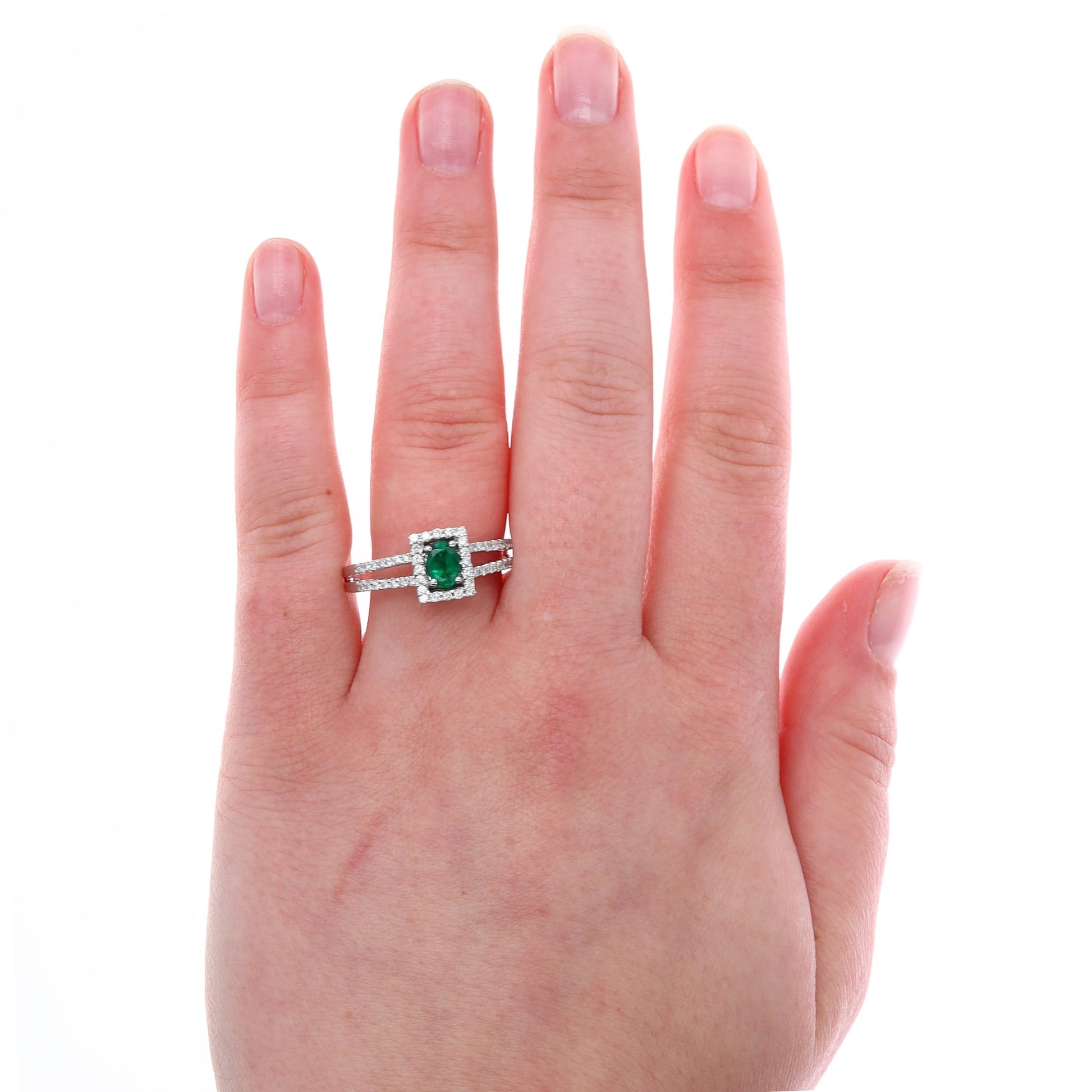 14k White Gold Emerald and Halo Diamond Ring