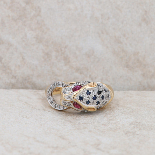 14k Two Tone Jaguar Ruby and Sapphire Ring