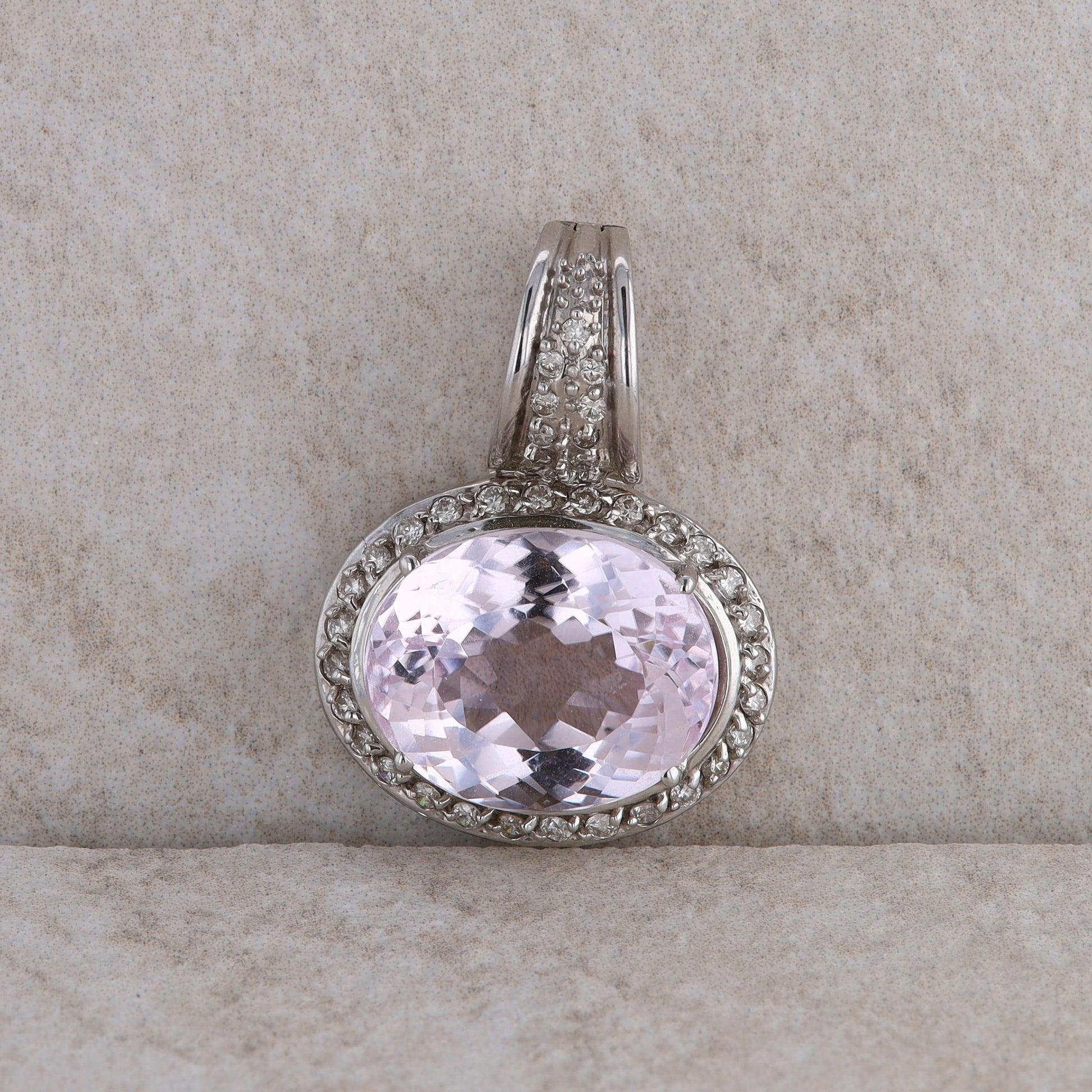 14k White Gold Kunzite and Diamond Oval Pendant