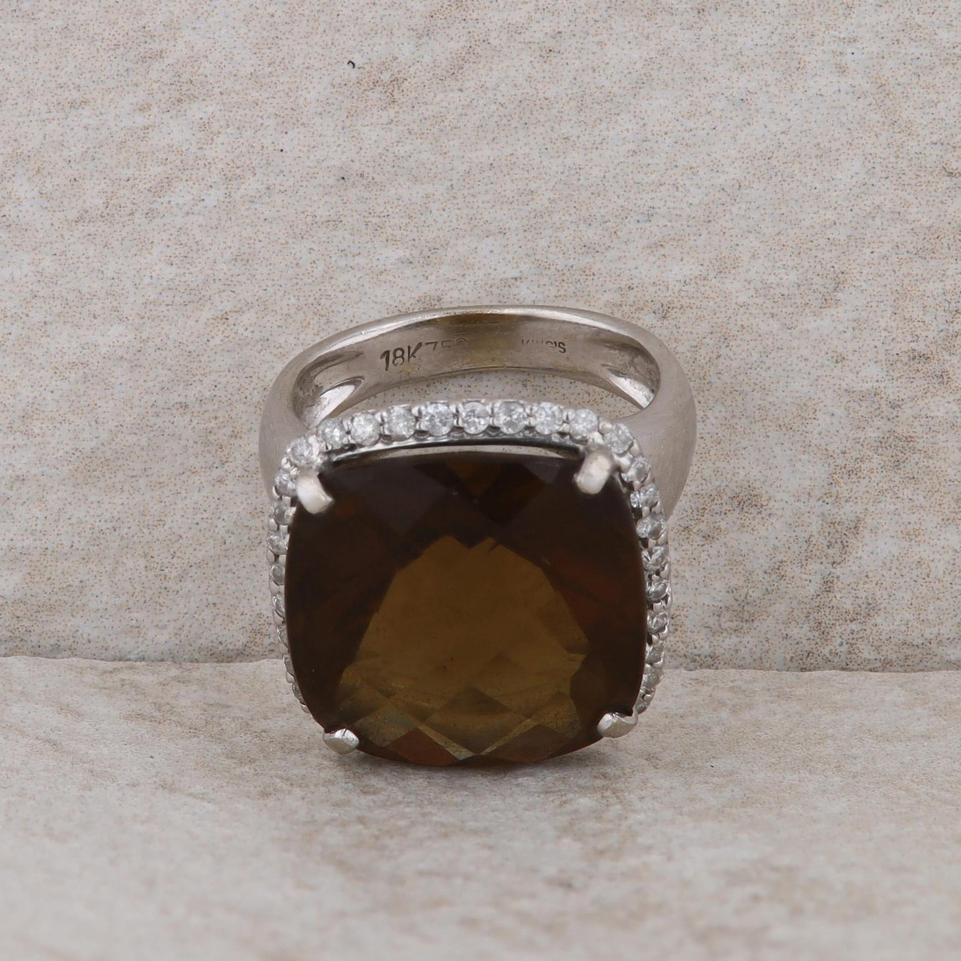 18k White Gold Smoky Quartz Cushion Diamond Halo Ring