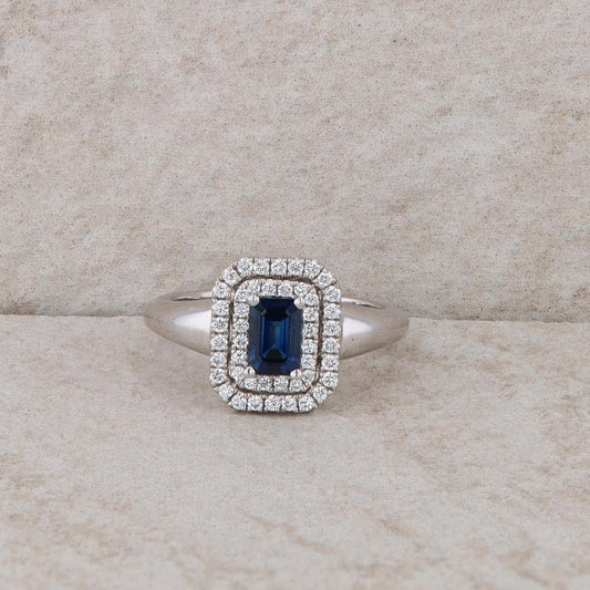 Spark 18k White Gold Emerald Cut Sapphire and Double Halo Diamond Ring