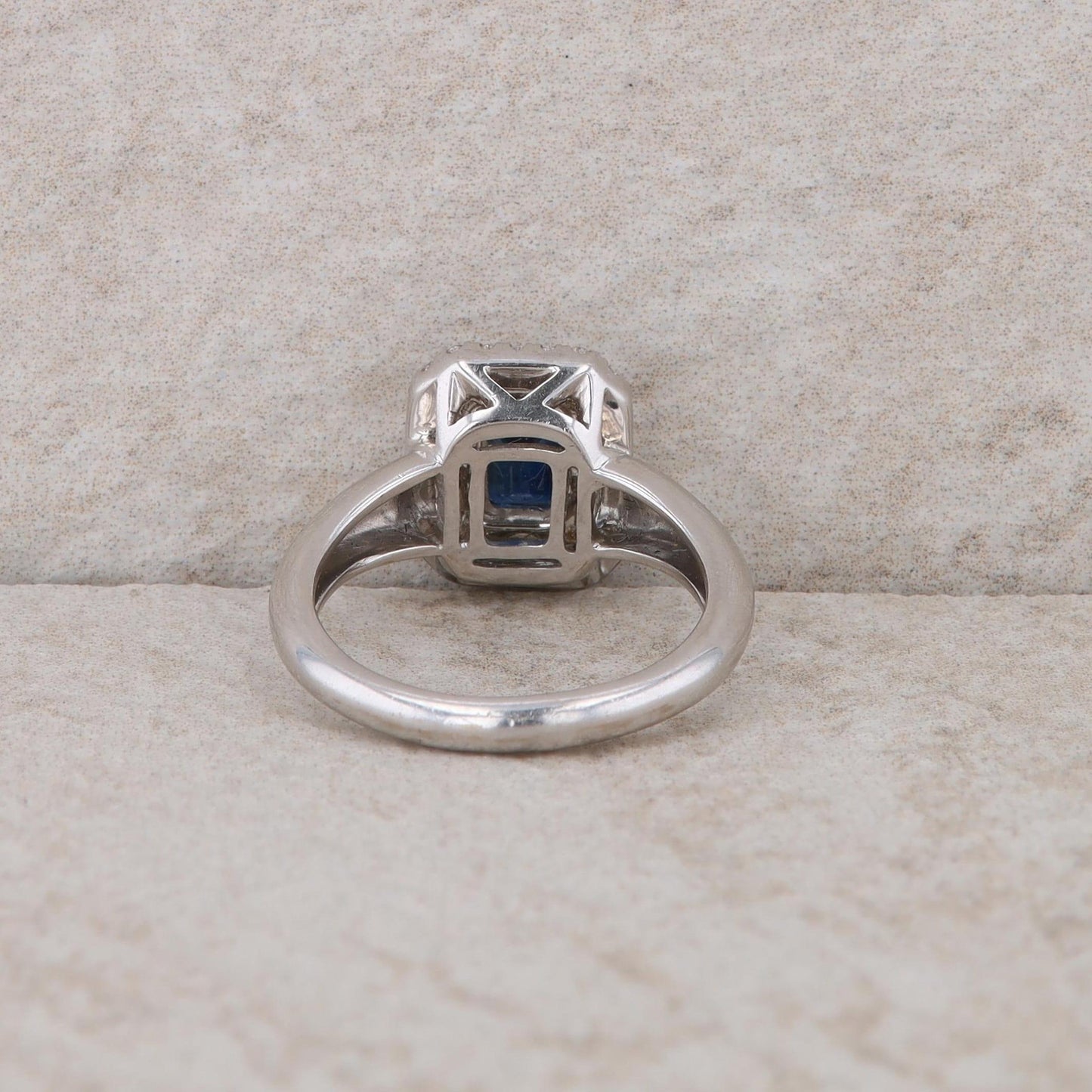 Spark 18k White Gold Emerald Cut Sapphire and Double Halo Diamond Ring