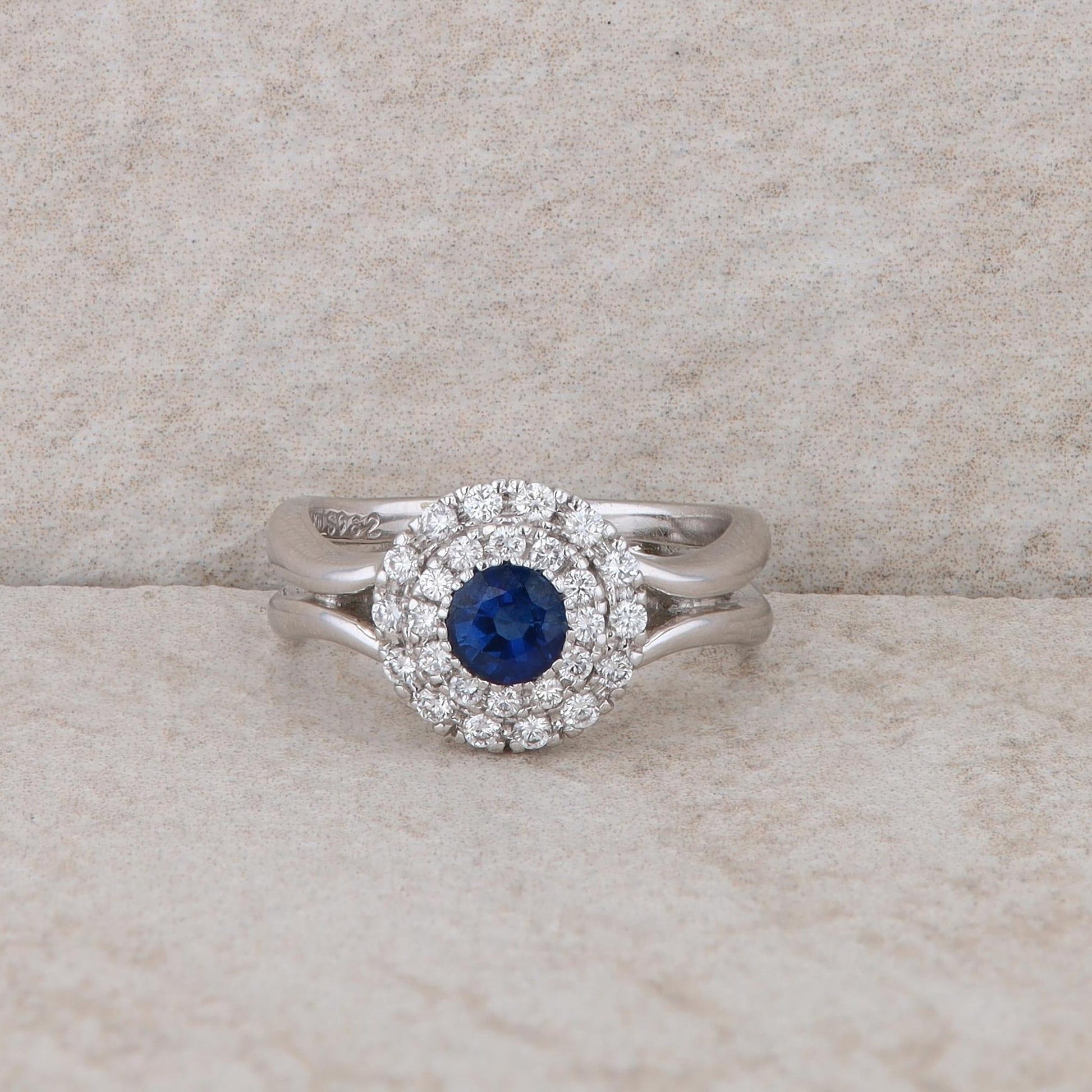 Spark 18k White Gold Diamond and Sapphire Double Halo Ring