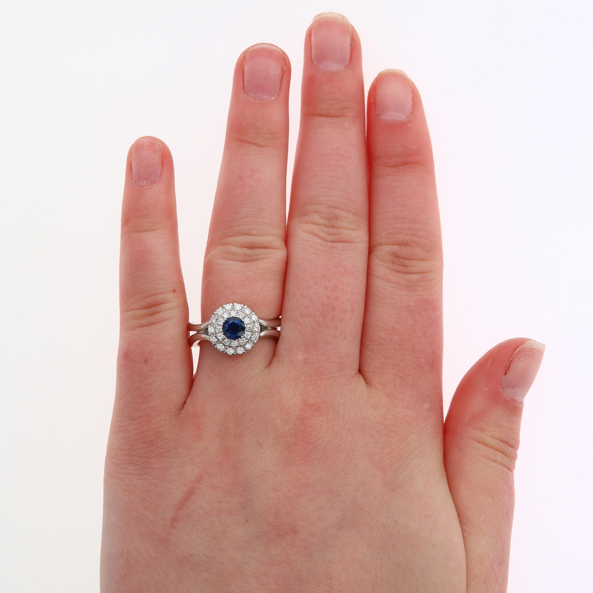 Spark 18k White Gold Diamond and Sapphire Double Halo Ring