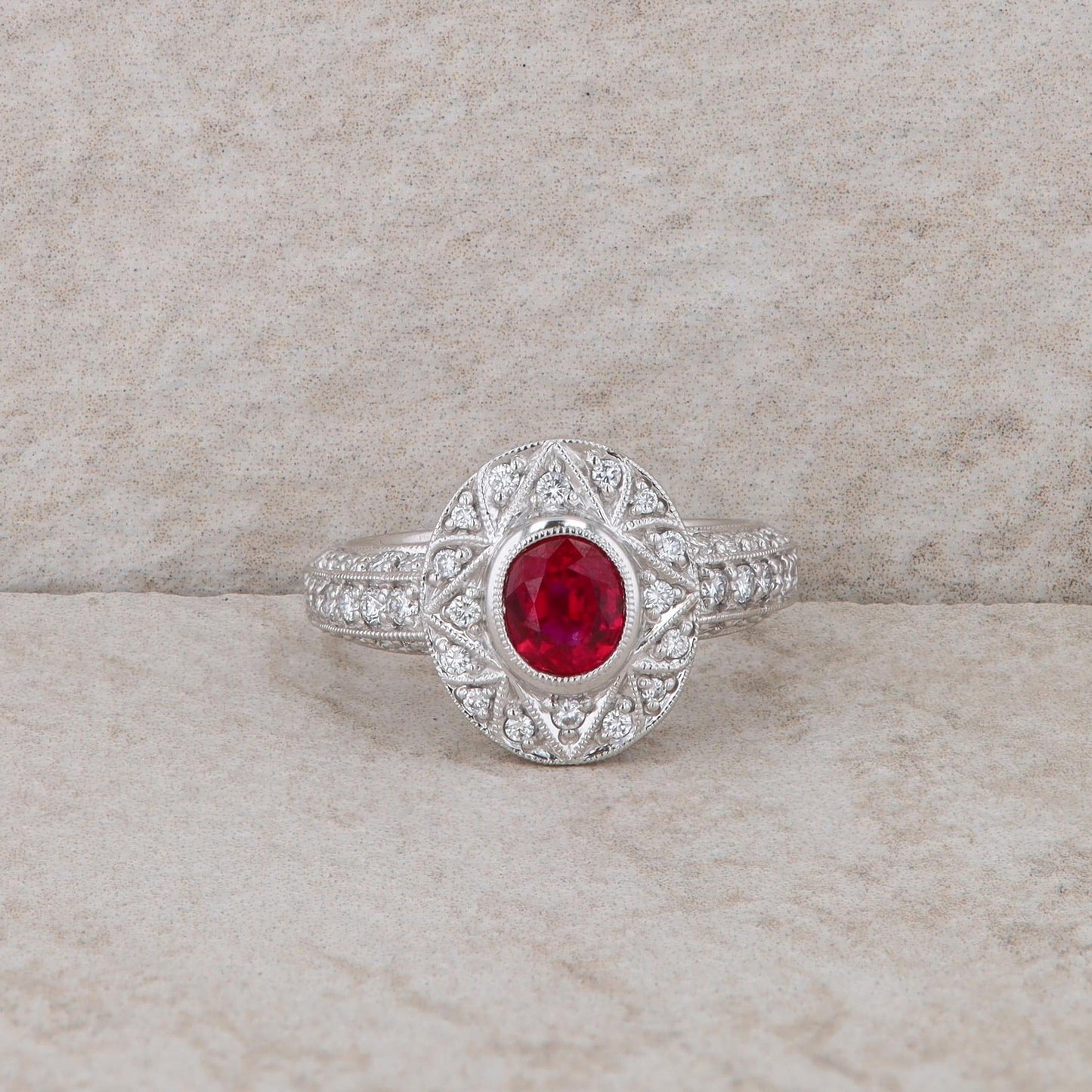 Spark 18k White Gold Ruby and Diamond Halo Ring