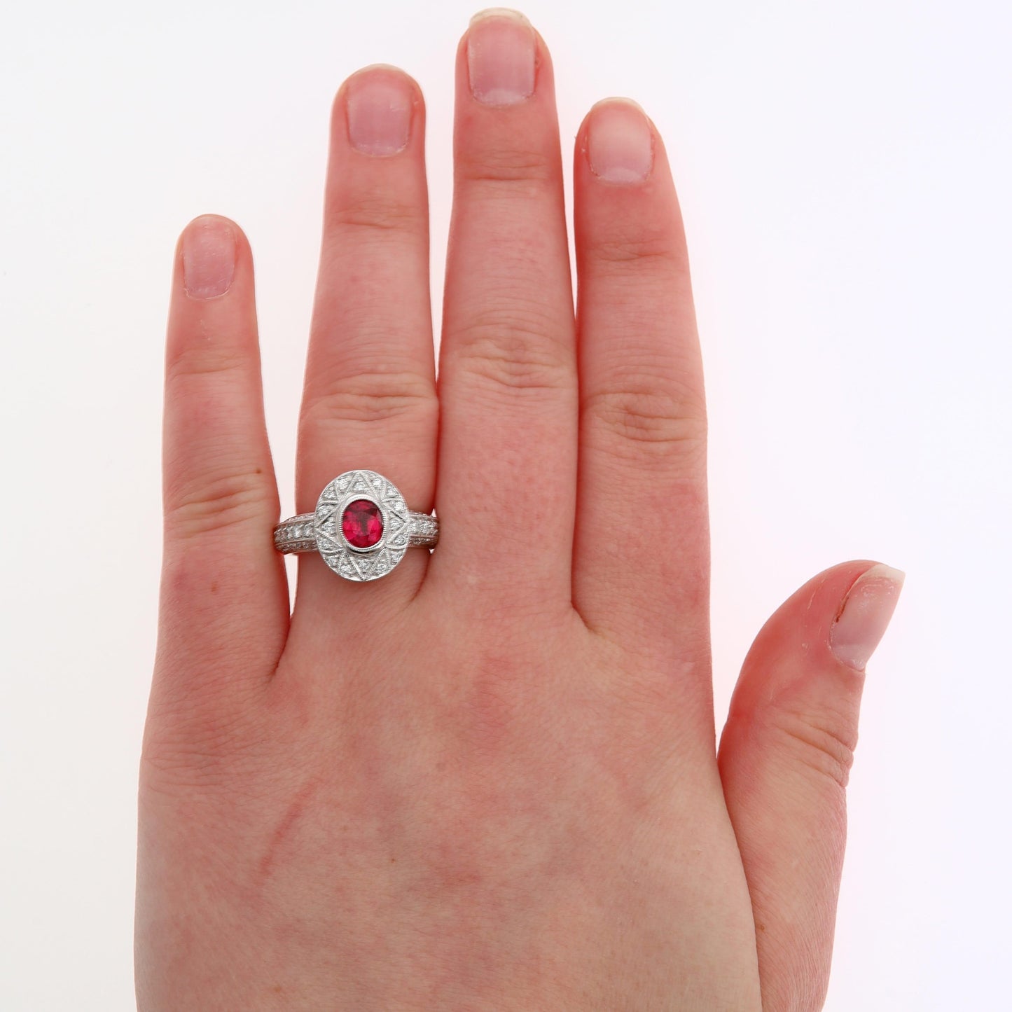 Spark 18k White Gold Ruby and Diamond Halo Ring