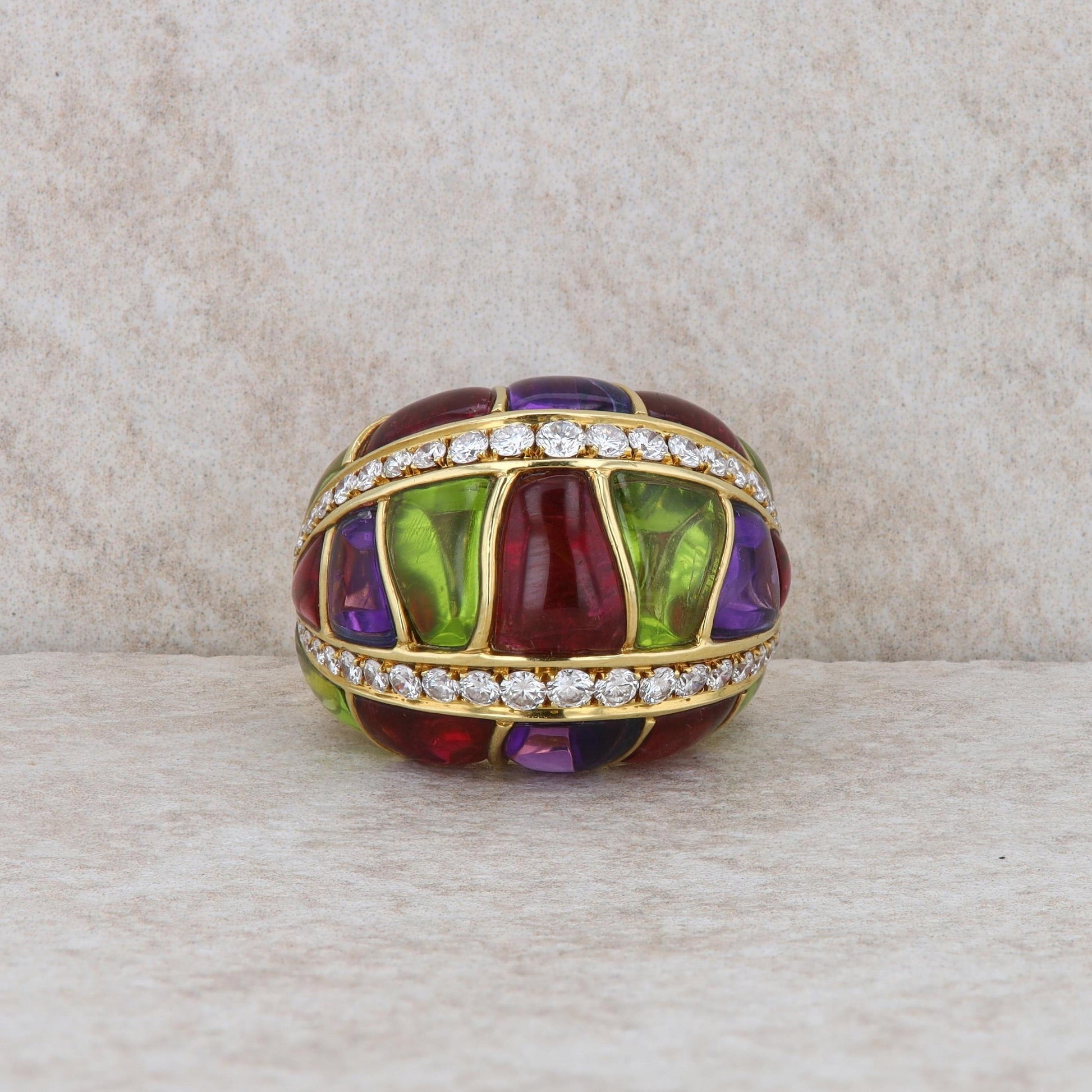 18k Yellow Gold Cabochon Amethyst, Pink Tourmaline, Peridot & Diamond Domed Ring