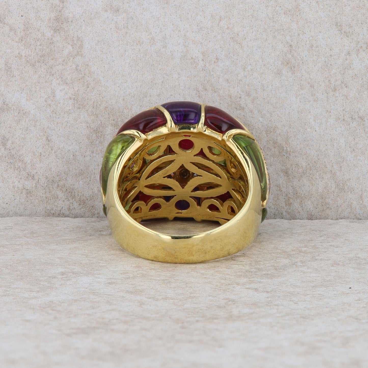 18k Yellow Gold Cabochon Amethyst, Pink Tourmaline, Peridot & Diamond Domed Ring