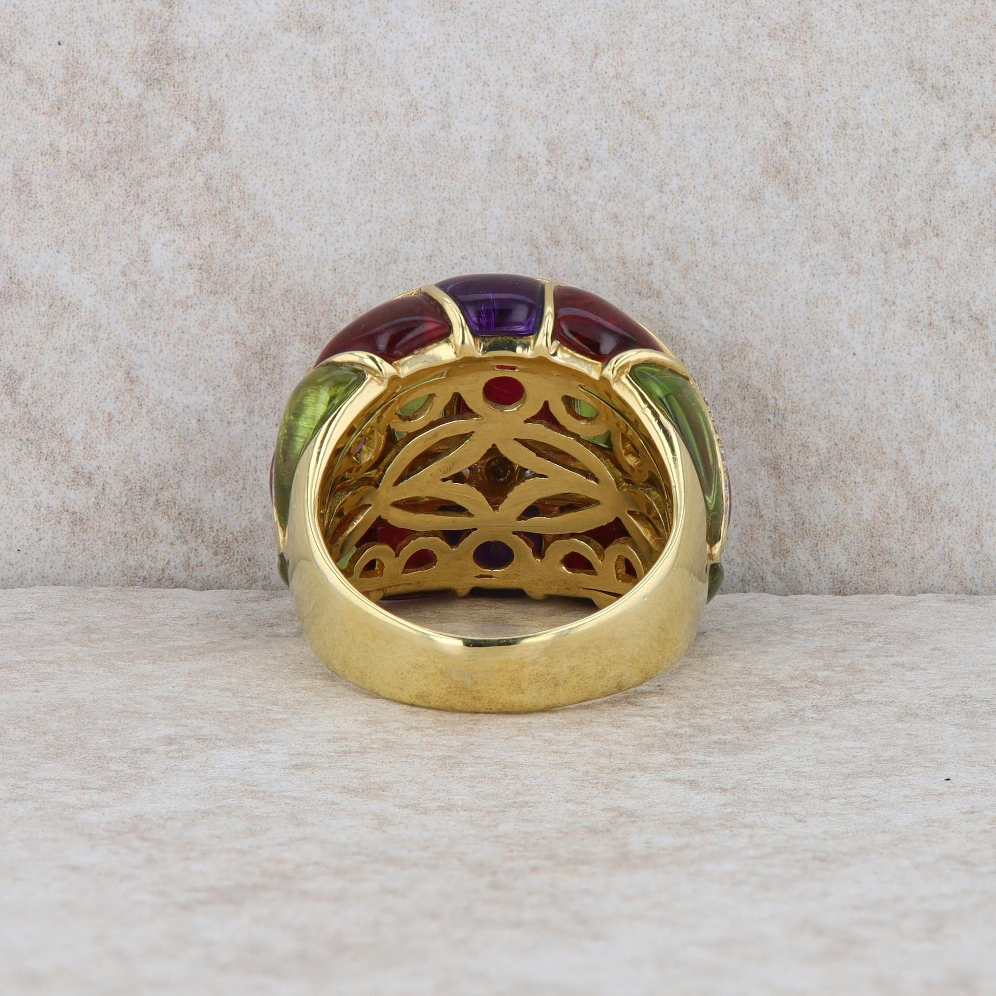 18k Yellow Gold Cabochon Amethyst, Pink Tourmaline, Peridot & Diamond Domed Ring