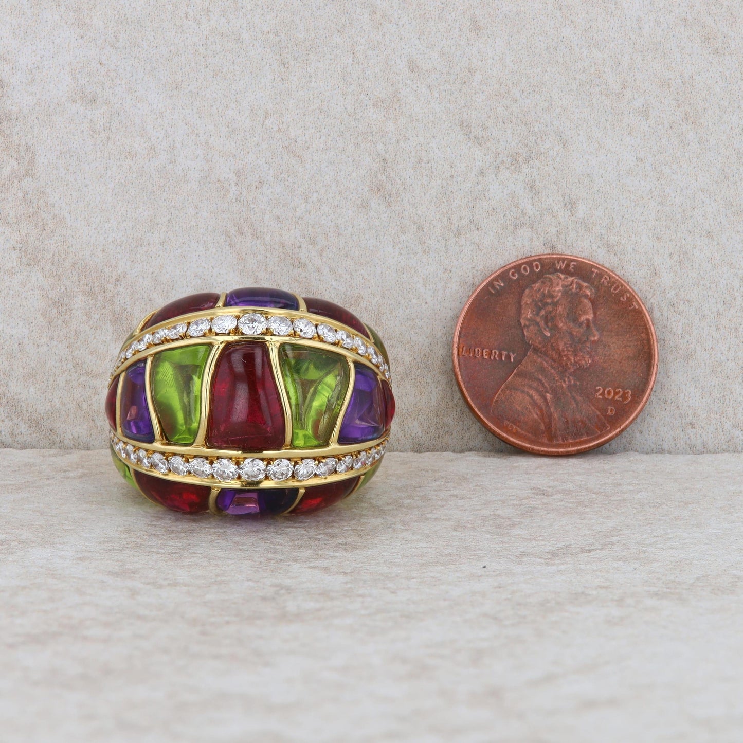 18k Yellow Gold Cabochon Amethyst, Pink Tourmaline, Peridot & Diamond Domed Ring