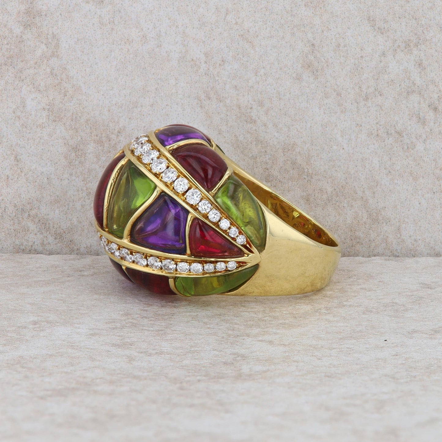 18k Yellow Gold Cabochon Amethyst, Pink Tourmaline, Peridot & Diamond Domed Ring