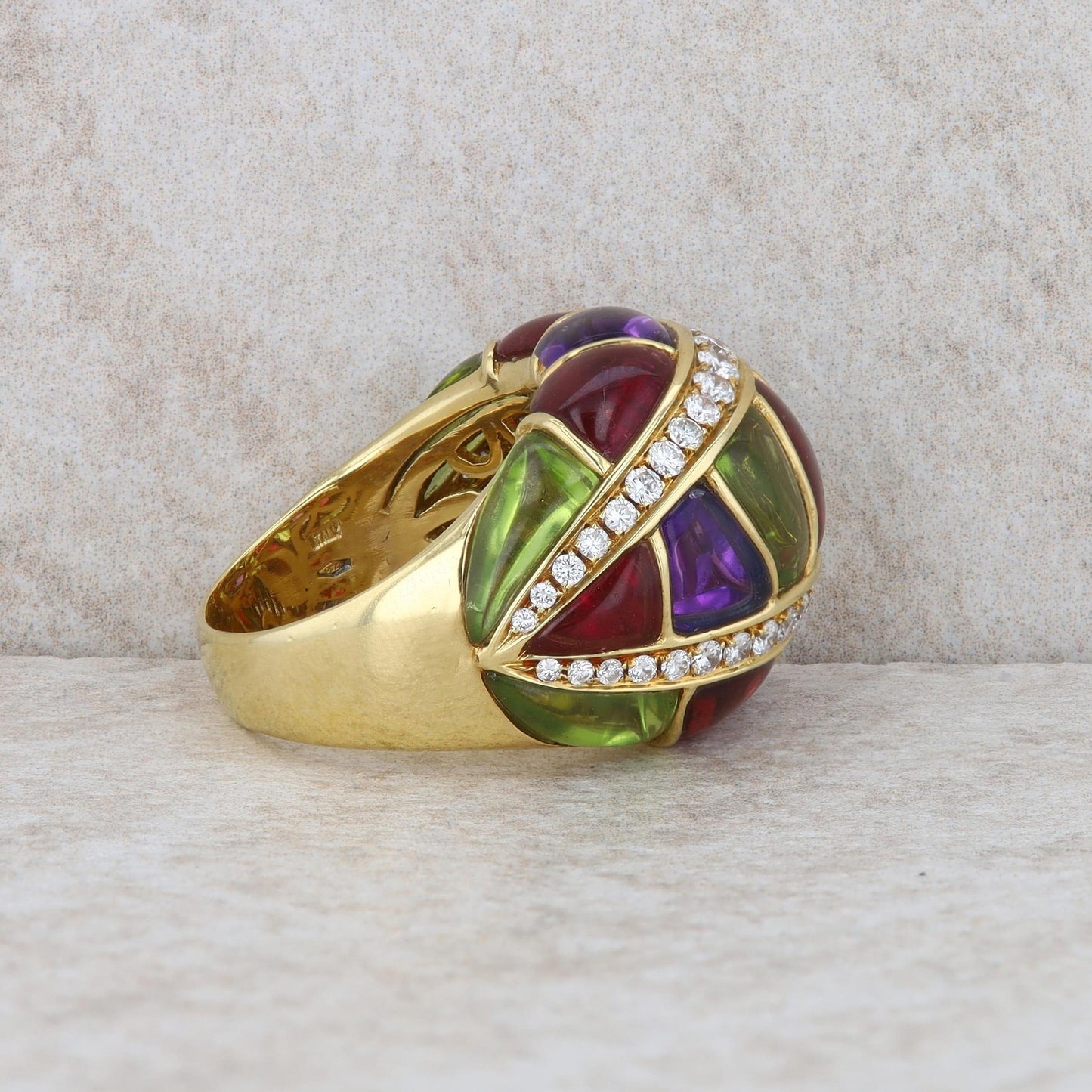 18k Yellow Gold Cabochon Amethyst, Pink Tourmaline, Peridot & Diamond Domed Ring