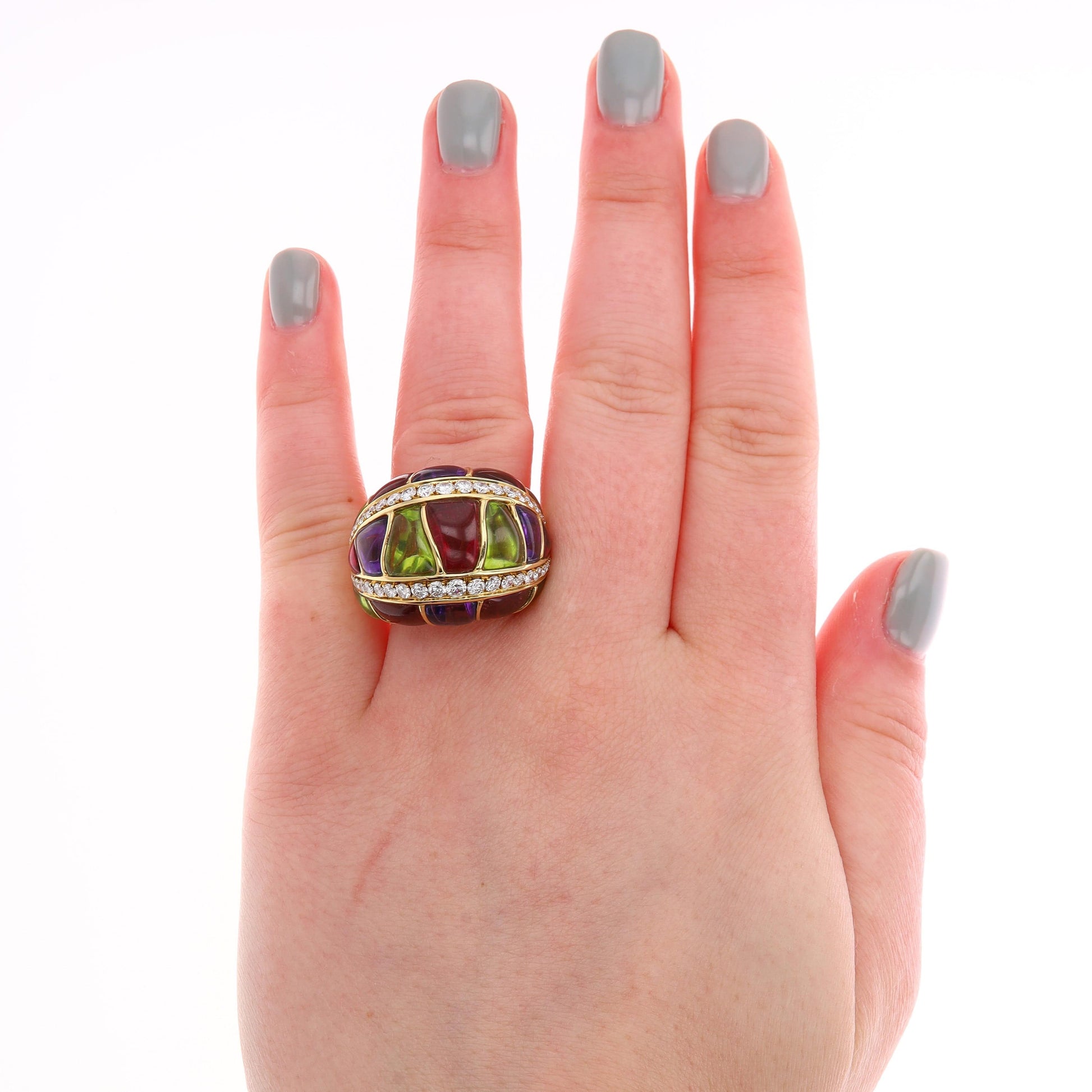 18k Yellow Gold Cabochon Amethyst, Pink Tourmaline, Peridot & Diamond Domed Ring