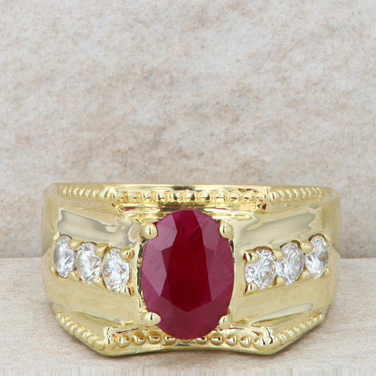 18k Yellow Gold Diamond and Ruby Wide Band Style Ring