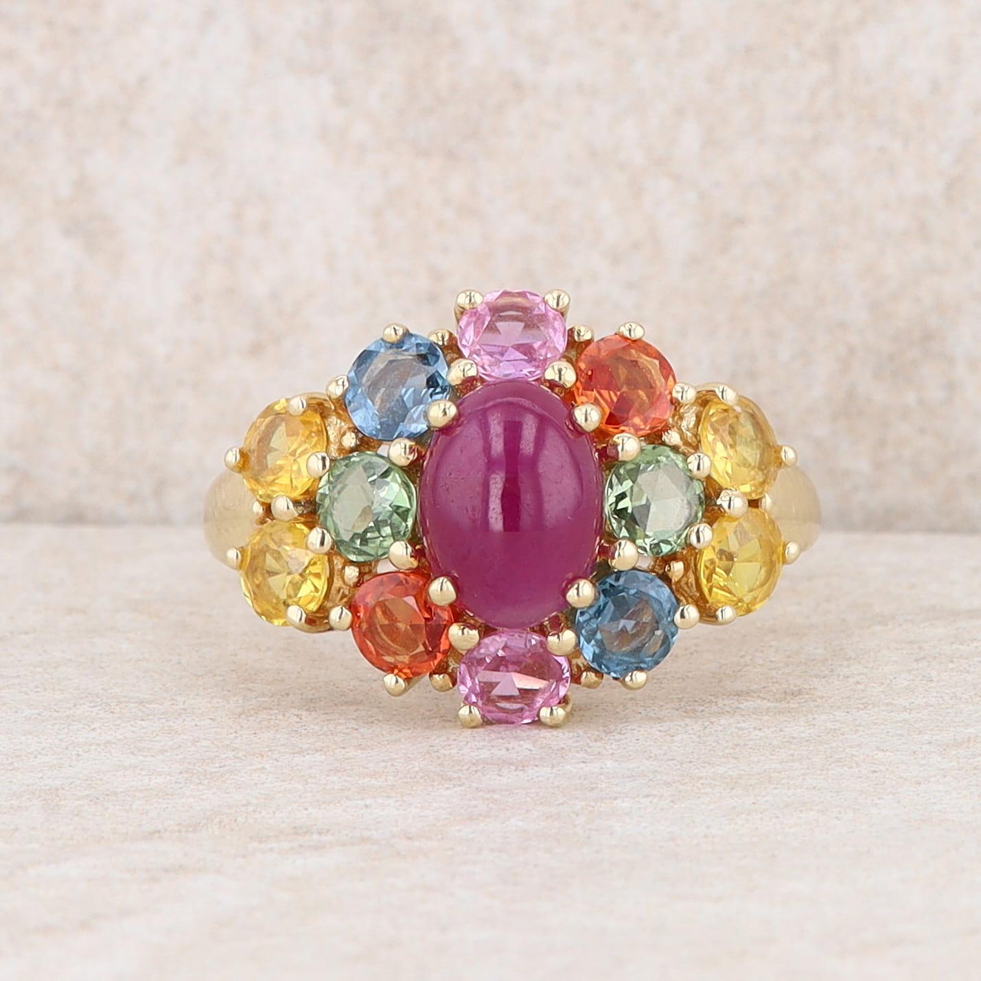 10k Yellow Gold Multi Colored Sapphires and Cabochon Ruby Ring